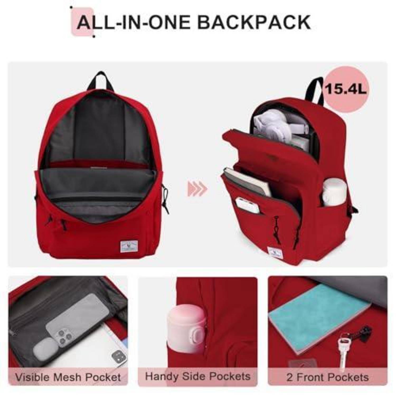 Roter All-in-One-Rucksack abgebildet, offen und gepackt, mit 15,4 L Fassungsvermögen und mehreren Aufbewahrungstaschen, einschließlich einer sichtbaren Netztasche, Seitentaschen und zwei vorderen Taschen.
