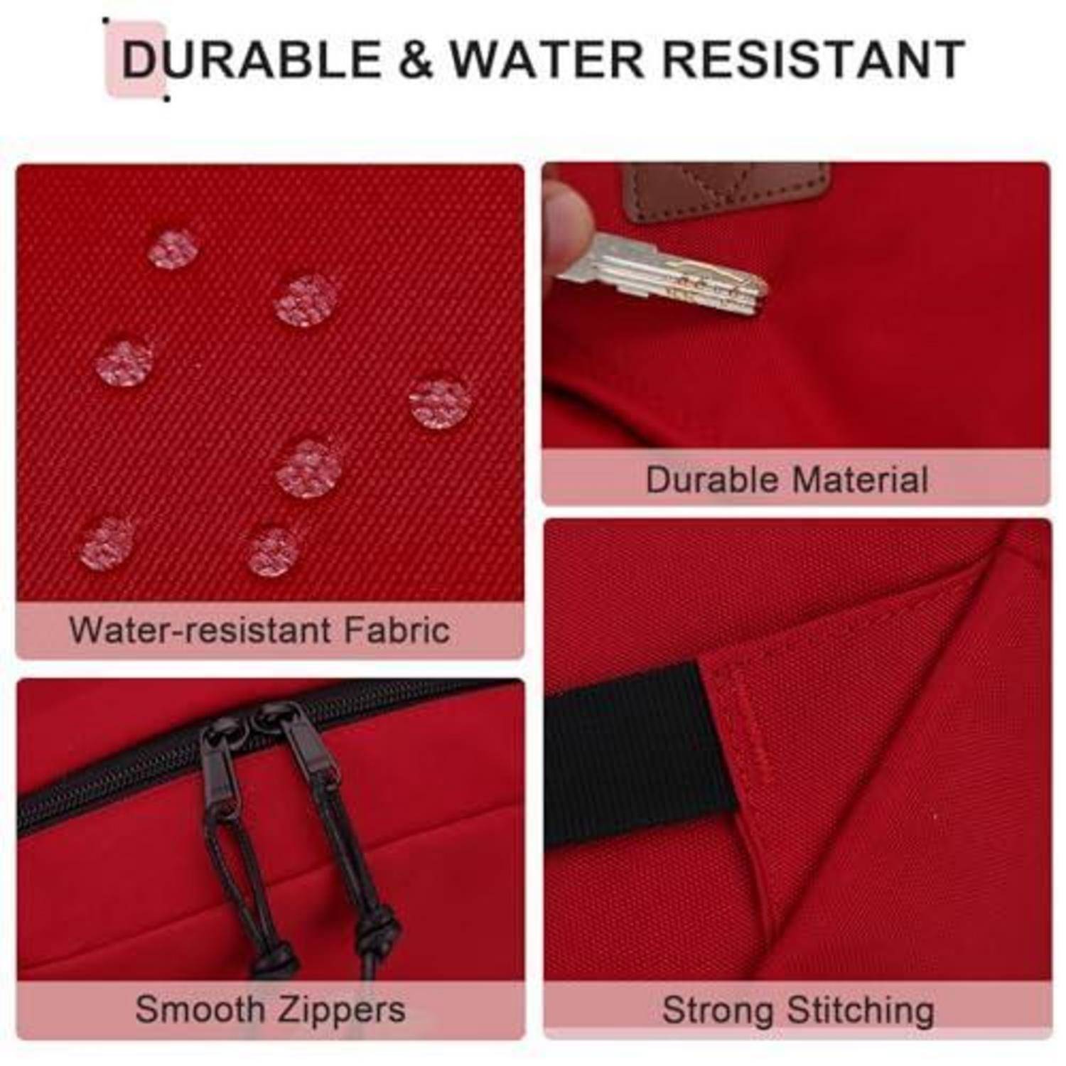 Collage zeigt die strapazierfähige, wasserfeste Beschaffenheit einer roten Tasche, glatte Reißverschlüsse und starke Nähte unter der Überschrift 