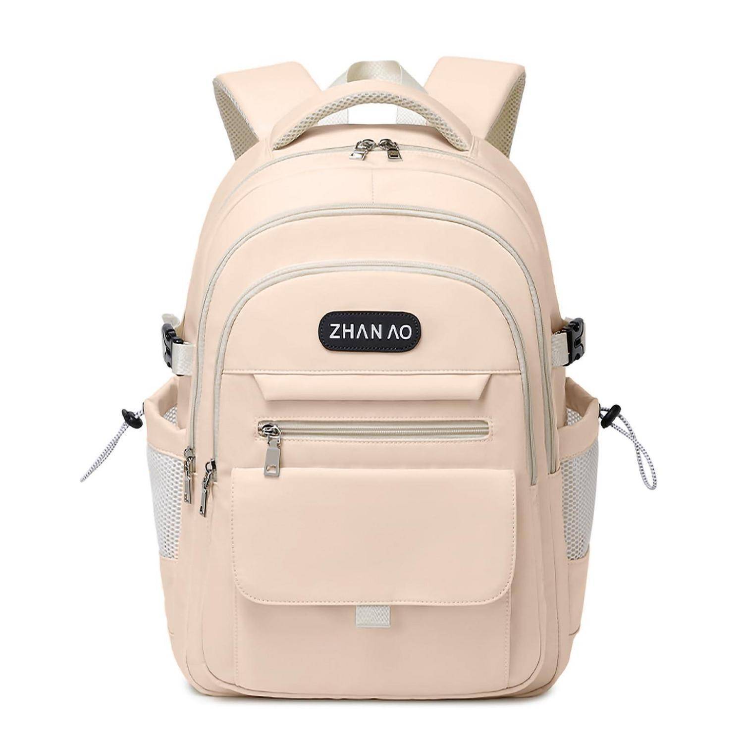 Beigefarbiger Rucksack mit vorderen Reißverschlusstaschen, seitlichen Netztaschen und gepolsterten Trägern auf weißem Hintergrund.