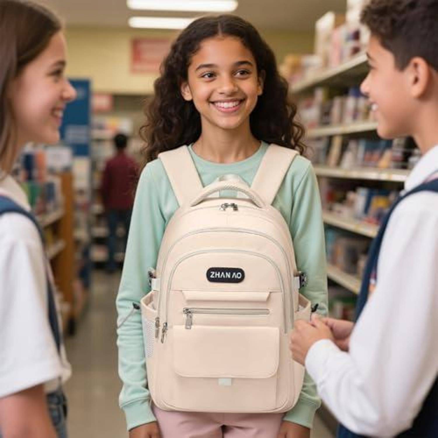Lächelnder Schüler mit einem beigen Rucksack steht in einem Schulflur, während zwei Klassenkameraden in der Nähe miteinander sprechen.