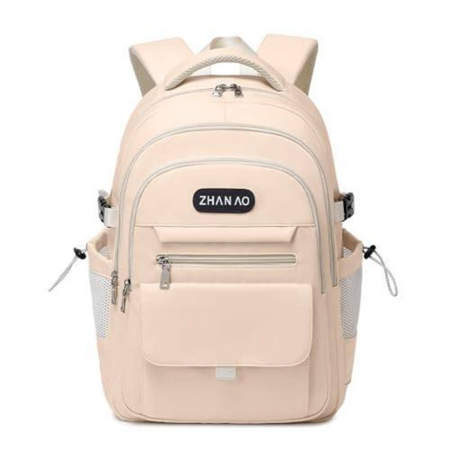 Beiger Rucksack mit Reißverschlusstaschen an der Vorderseite, Netztaschen an den Seiten und Griff oben, gezeigt auf weißem Hintergrund.