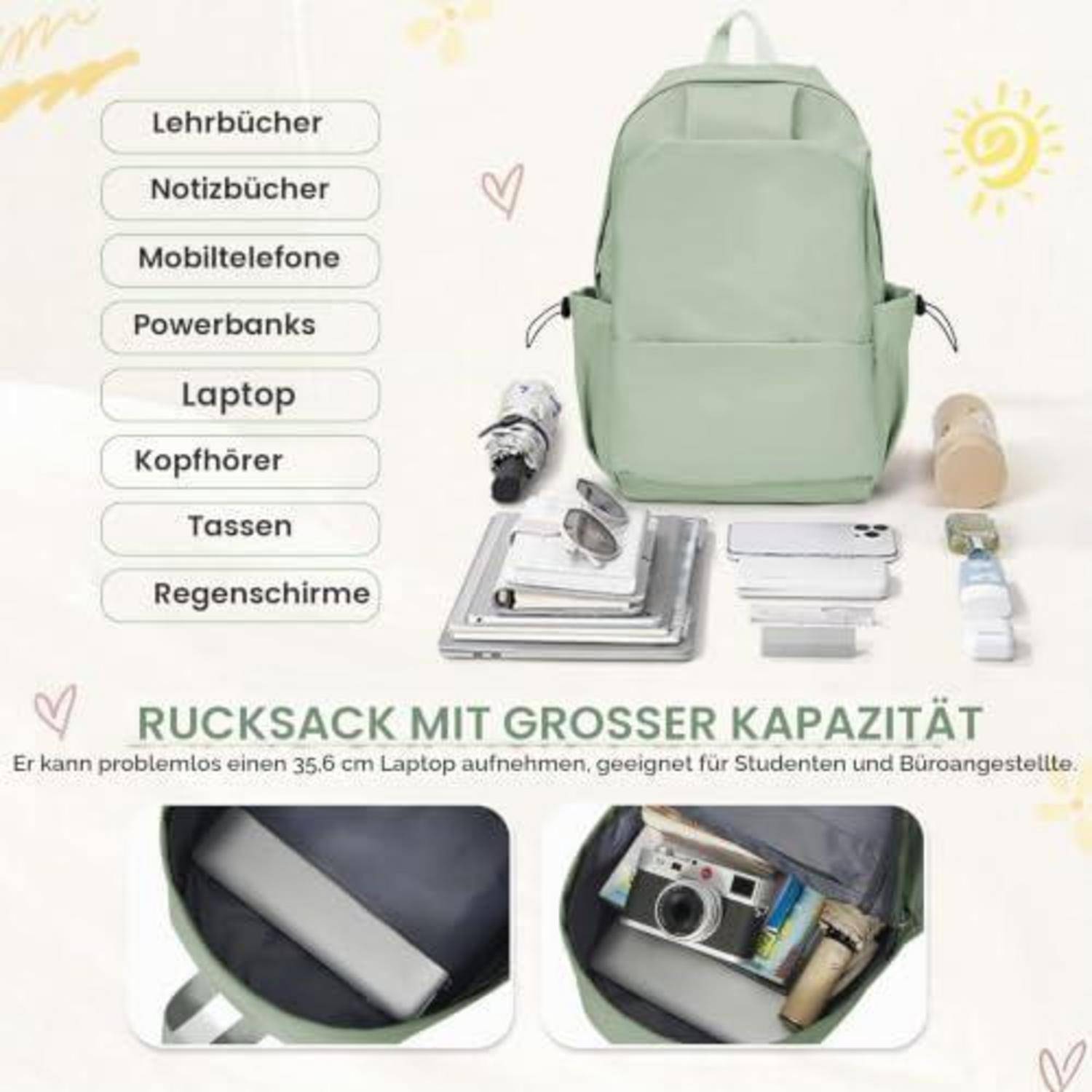 Schulrucksack HYC00 wasserdicht 15,6 Zoll Laptop hellgrün