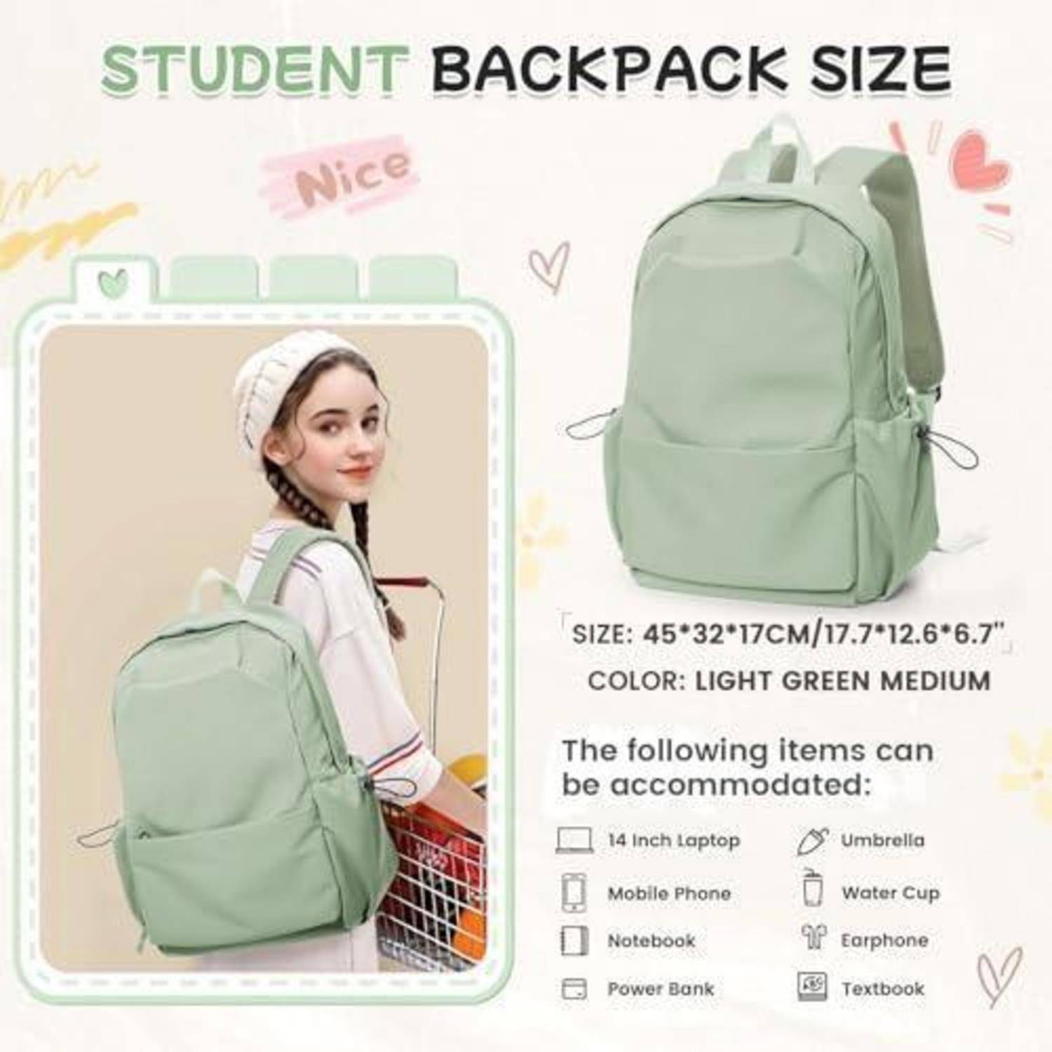 Werbebild eines hellgrünen Studentenrucksacks, auf einem Modell gezeigt, mit den Maßen 45×32×17 cm und Fassungsvermögen für einen 14-Zoll-Laptop, Telefon, Notizbuch, Powerbank, Regenschirm, Becher, Kopfhörer und Schulbuch.