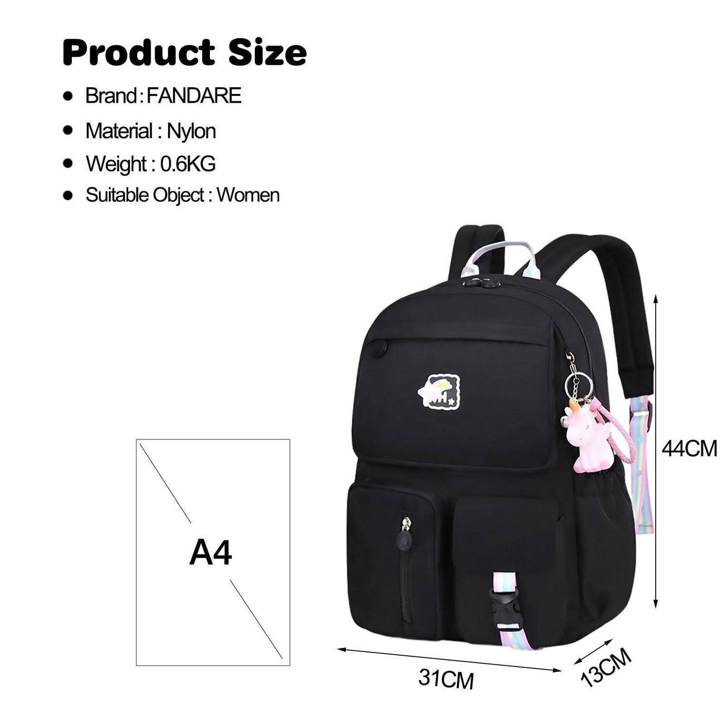 Größentabelle für einen schwarzen FANDARE Nylon-Rucksack für Damen mit den Abmessungen 44 cm Höhe, 31 cm Breite, 13 cm Tiefe, mit Vergleich zur A4-Größe und wichtigsten Spezifikationen.