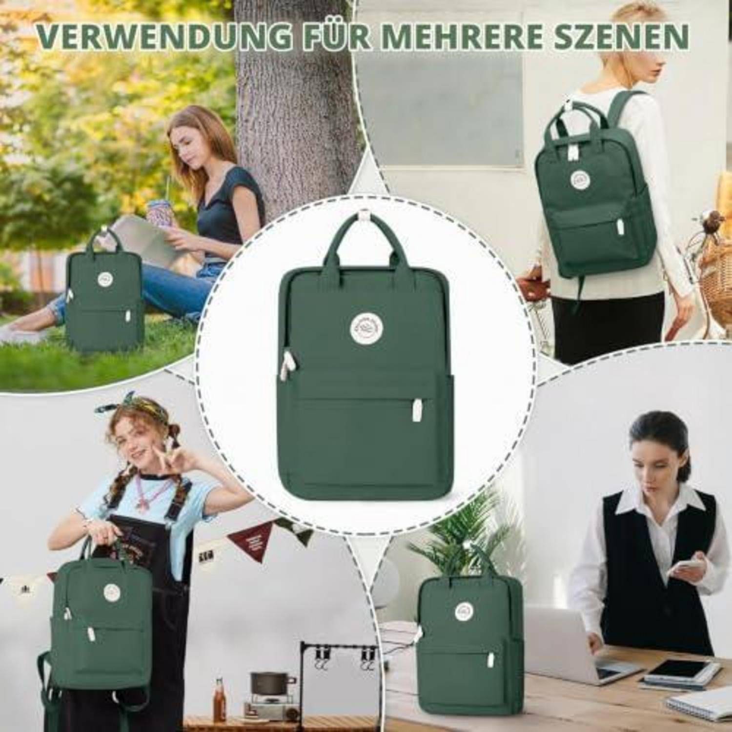 Collage mit einem grünen Rucksack, der in mehreren Settings verwendet wird: als Schul-, Reise- und Arbeitstasche, mit dem deutschen Text „VERWENDUNG FÜR MEHRERE SZENEN