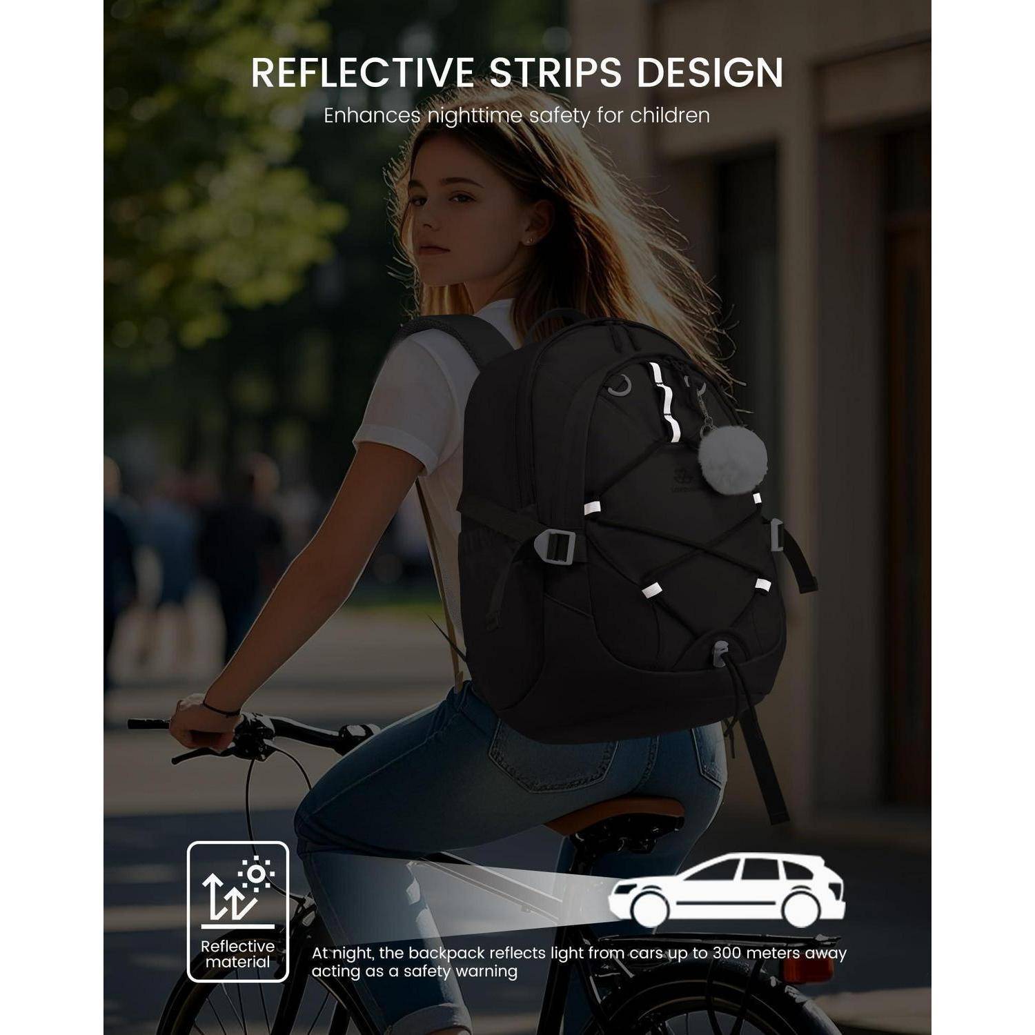 Mädchen fährt Fahrrad mit Rucksack, der reflektierende Streifen zeigt; Text sagt „DESIGN MIT REFLEKTIERENDEN STREIFEN" und „Verbessert die Sicherheit von Kindern in der Nacht"".