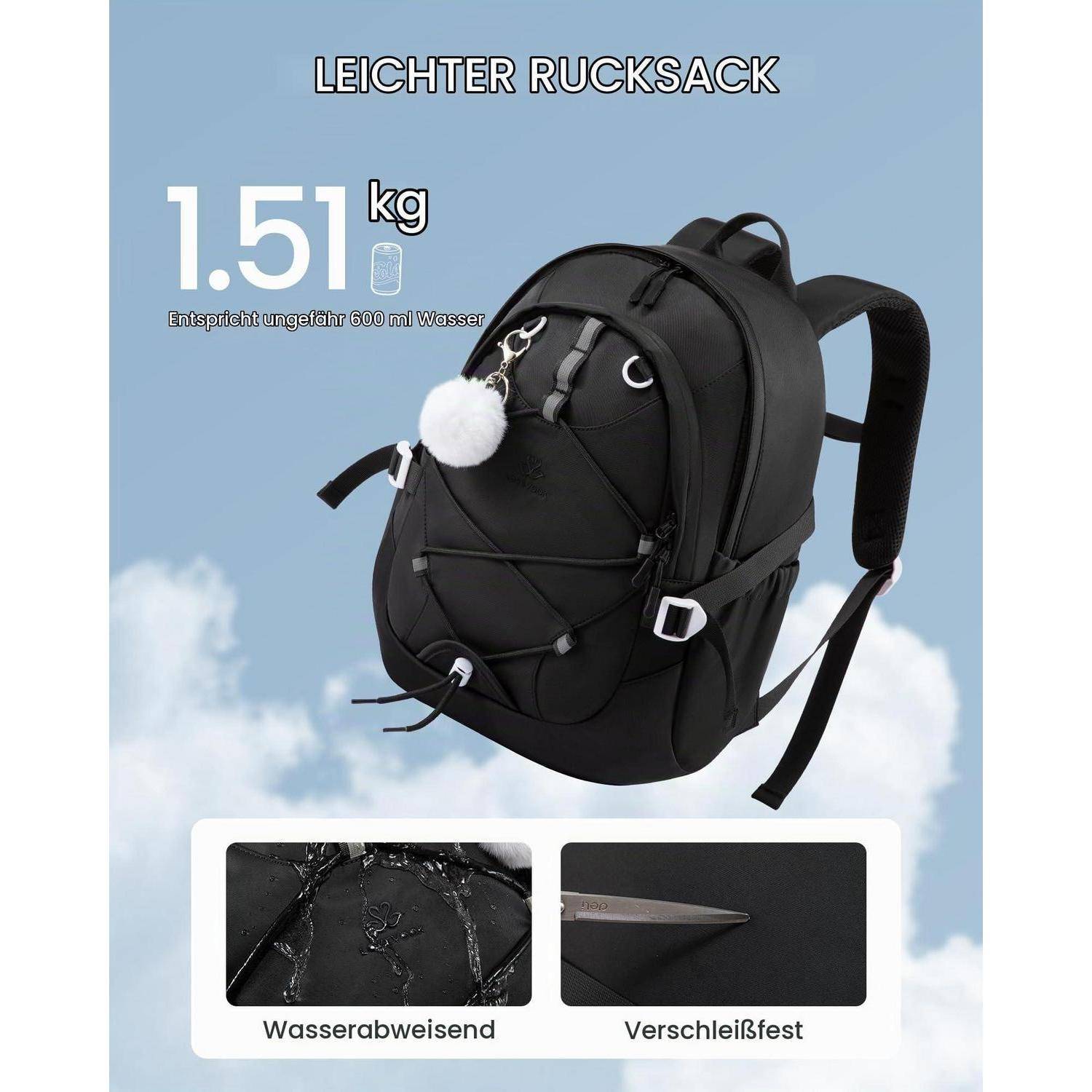 Schwarzer leichter Rucksack mit der Bezeichnung „LEICHTER RUCKSACK", mit einem Gewicht von 1,5 kg; wasser- und verschleißfest, vor einem blauen Himmelshintergrund gezeigt.