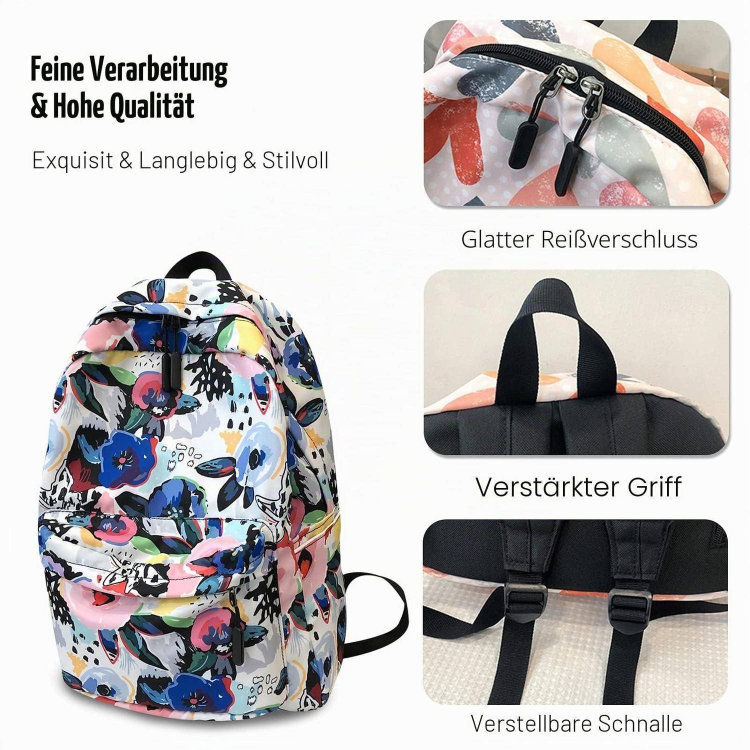 Blumiger Rucksack mit deutschen Etiketten, die feine Handwerkskunst hervorheben, sanfter Reißverschluss, verstärkter Griff und verstellbare Schnallengurte.