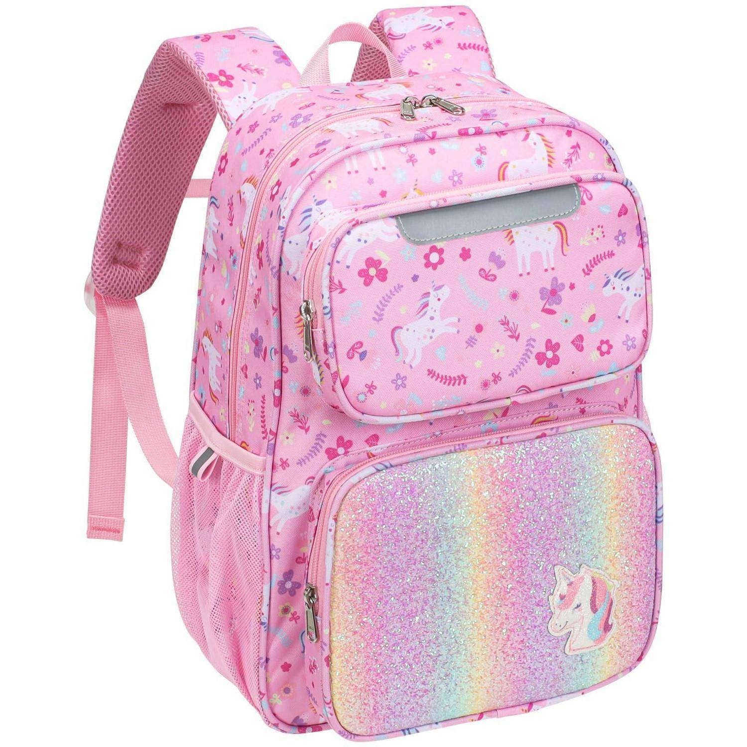 Rucksack im rosa Einhorn-Design mit gepolsterten Trägern, vorderen Taschen und glitzerndem Regenbogen-Panel im unteren Bereich.