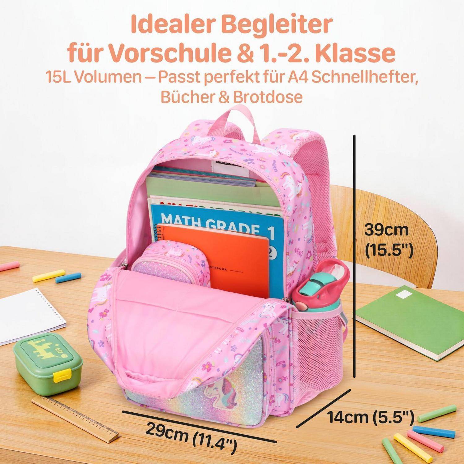 Rosa Kinderrucksack mit Büchern und Lunchbox, gekennzeichnet mit 15 L Fassungsvermögen und Abmessungen 39 cm x 29 cm x 14 cm, für Vorschule und Klasse 1-2.