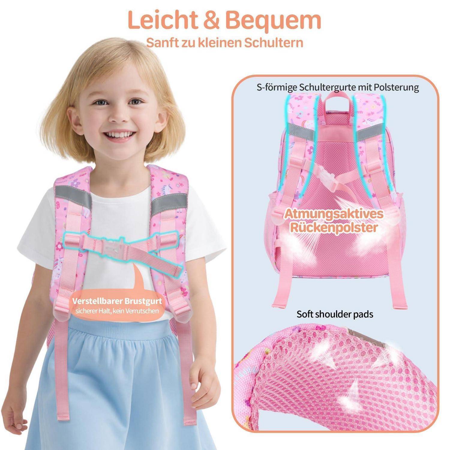 Mädchen trägt einen rosa Kinderrucksack mit Brustgurt und gepolsterten S-förmigen Schultergurten; die Anzeige hebt Komfort und atmungsaktive Rückenpolsterung hervor.
