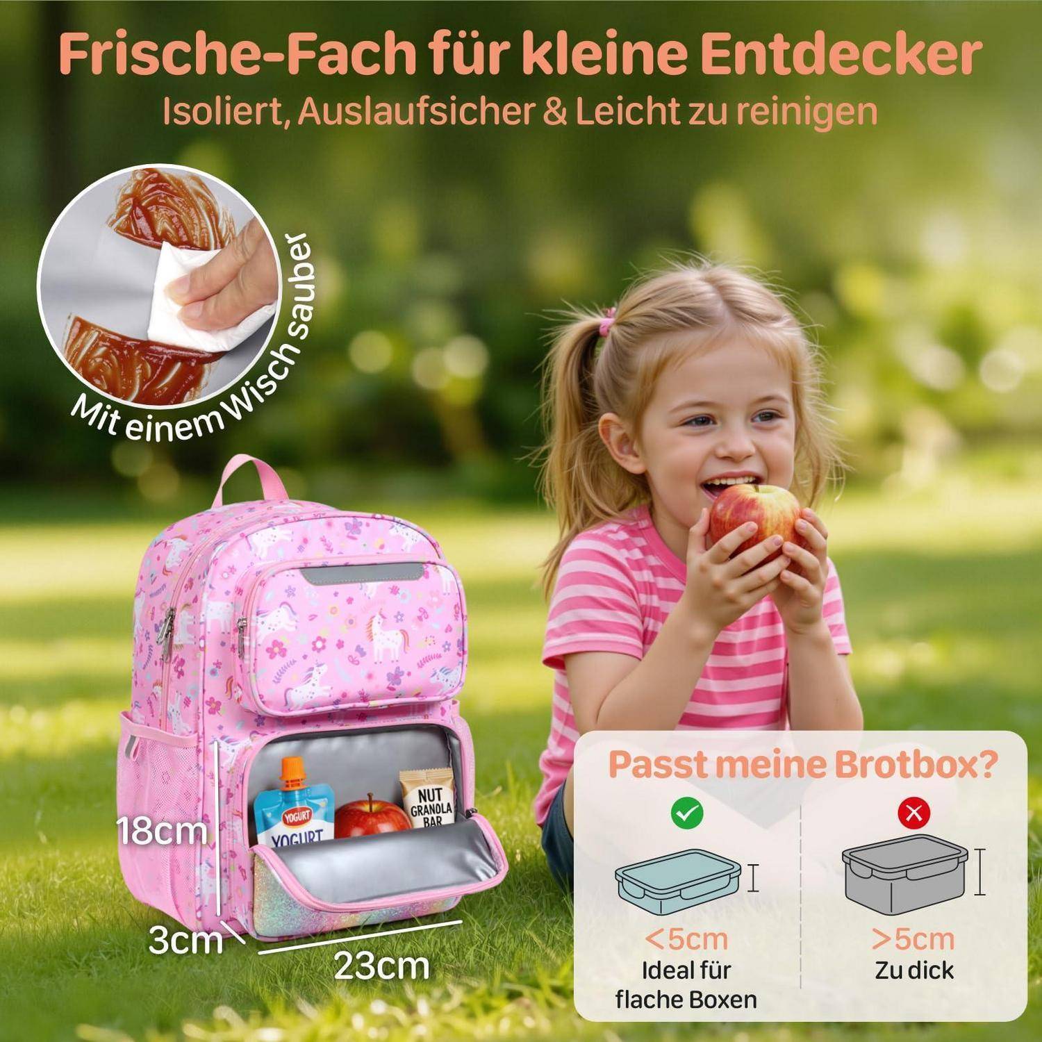 Rosa isolierte Lunchbox für Kinder mit Snack-Box, im Freien gezeigt mit einem Mädchen, das einen Apfel isst; der Text besagt, dass sie leicht zu reinigen ist und flache Boxen unter 5 cm Dicke passt.