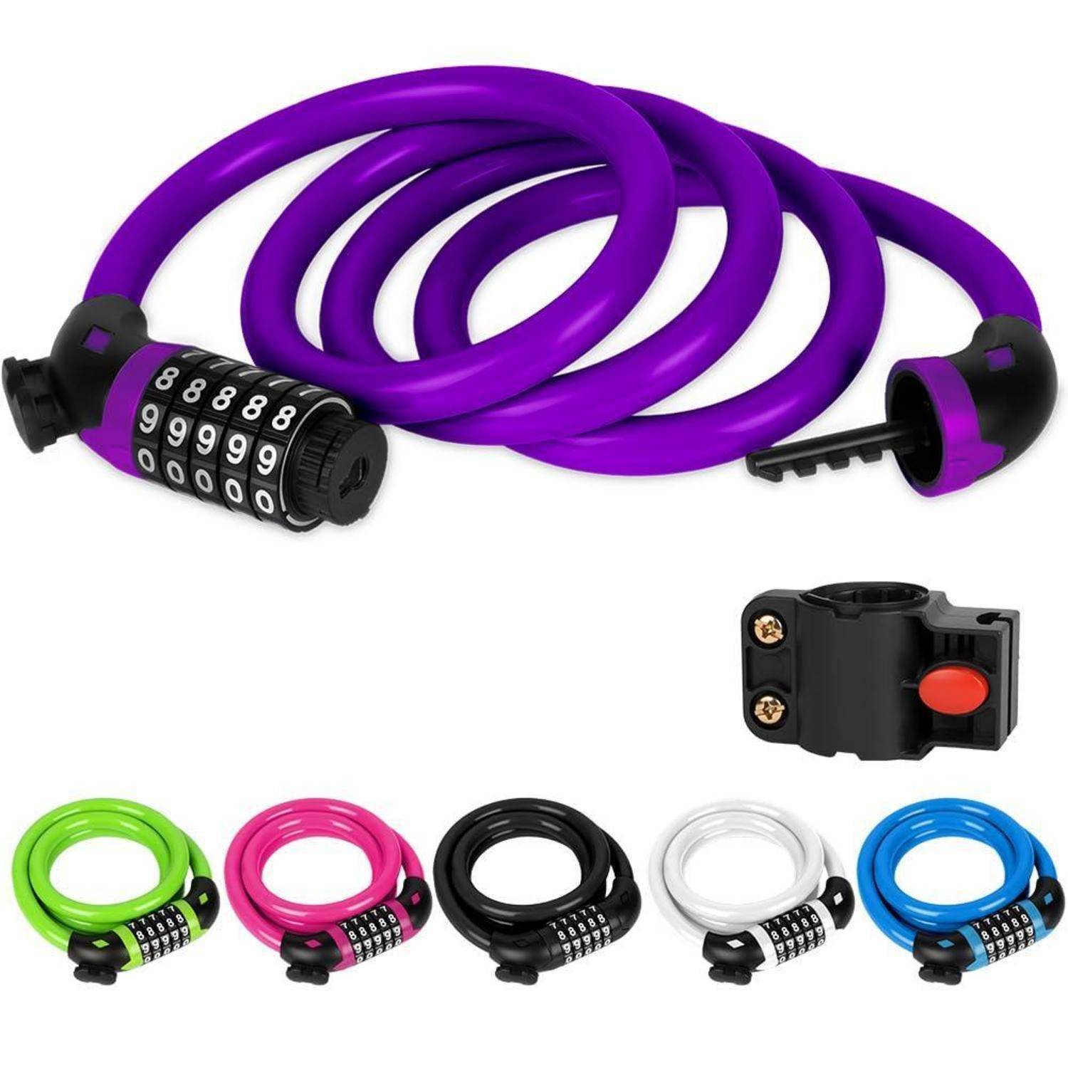Violettes spiralförmiges Fahrradschloss mit Kombinationswahlscheiben und Schlüssel, gezeigt mit Montageklammer und Farboptionen: Grün, Rosa, Schwarz, Weiß und Blau.