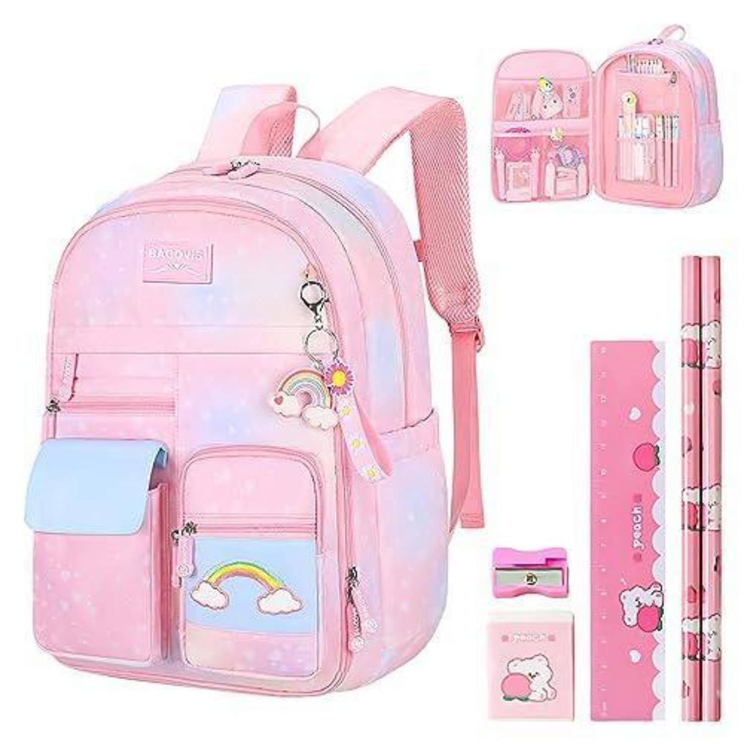 Rosaruckssack-Set mit Regenbogen- und Cartoon-Bären-Design, gezeigt mit passendem Beutel, Federmäppchen, Lineal und Zubehör.