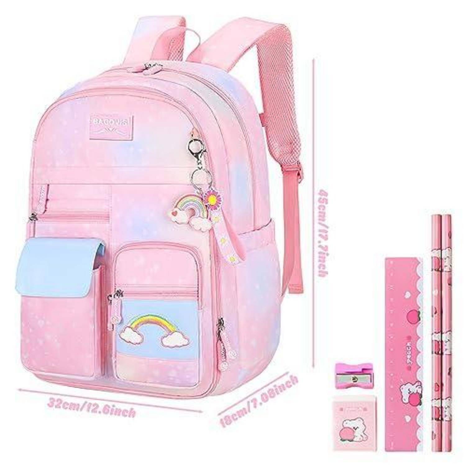 Rosafarbenes Kinderrucksack-Set mit Regenbogen- und Wolkendesigns, einschließlich passender Federtasche, Lineal und Radierer; Rucksackabmessungen: 32cm x 18cm x 45cm.