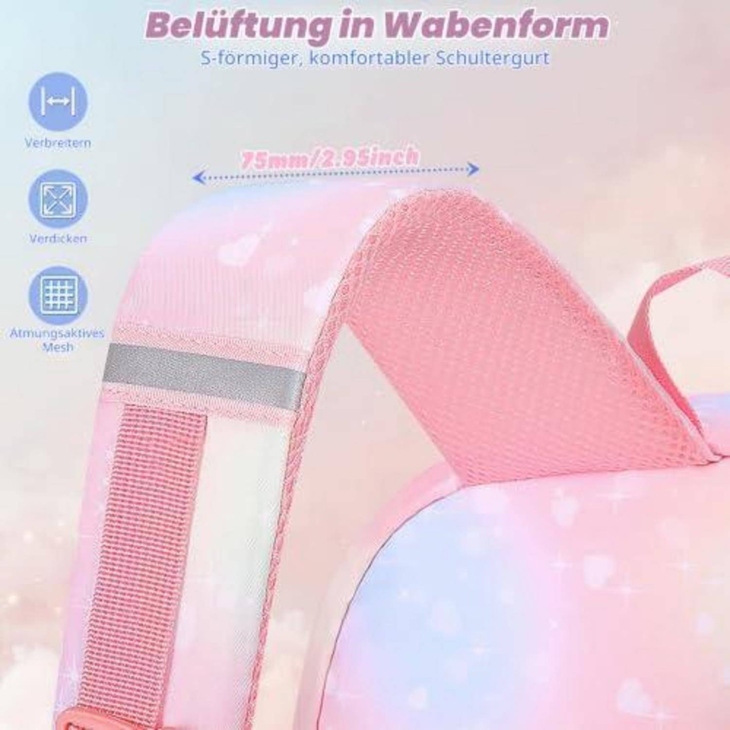 Rosa S-förmiger Schulrucksack-Riemen mit atmungsaktivem Wabenmeshgewebe; gekennzeichnet mit „Belüftung in Wabenform