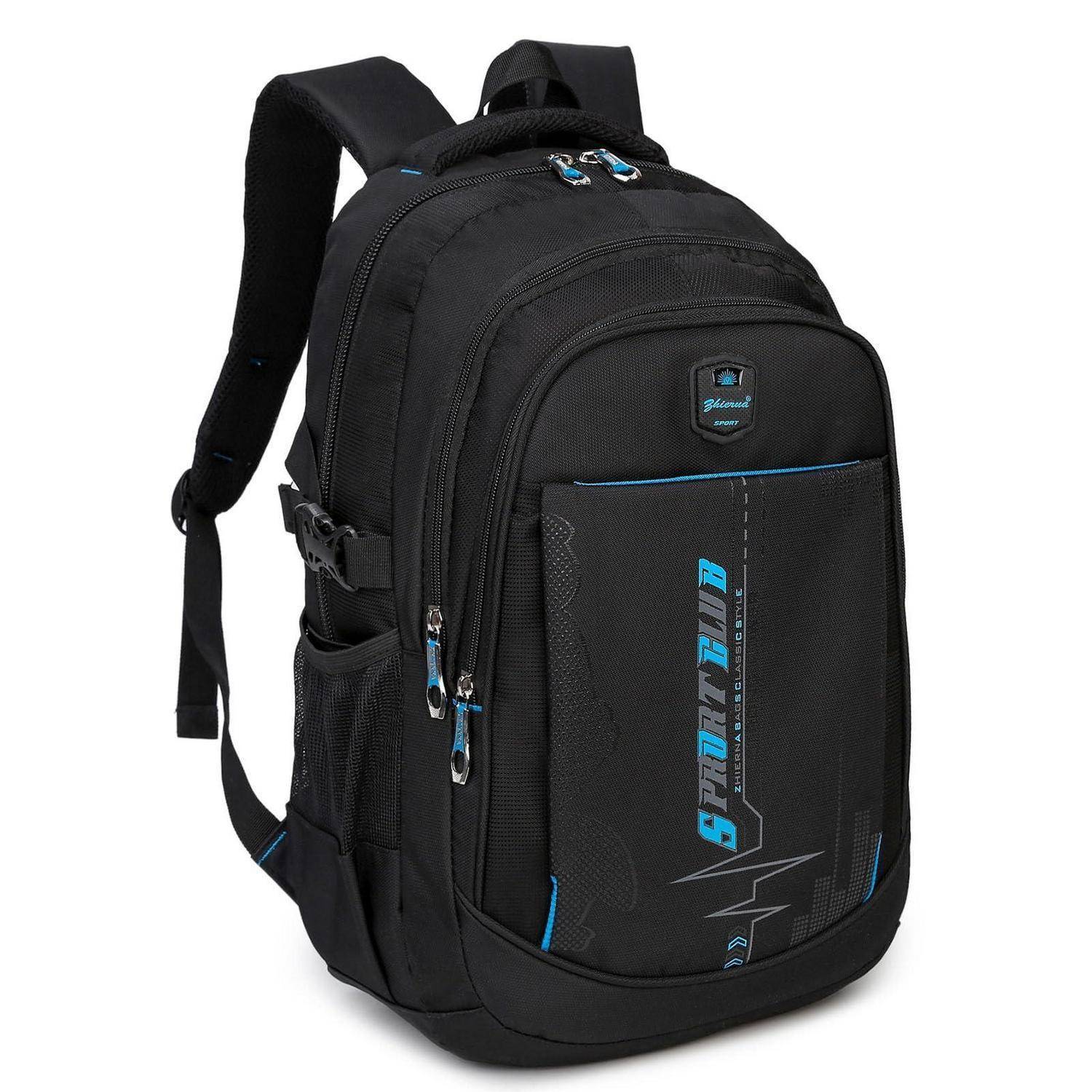 Schwarzer Rucksack mit blauen Akzenten, Fronttasche mit Reißverschluss, Seitentasche aus Mesh und gepolsterte Schultergurte auf weißem Hintergrund.