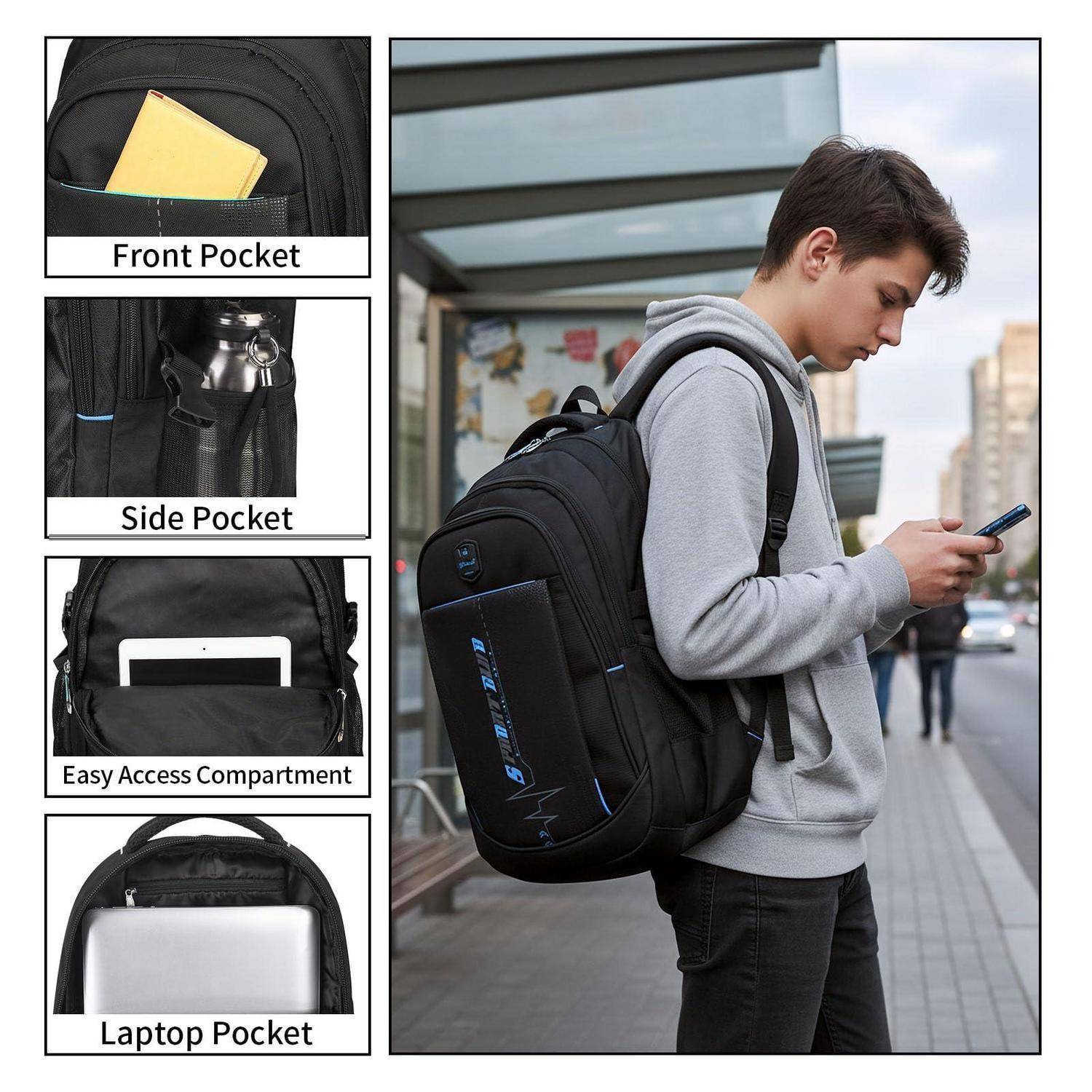 Rucksack in Gebrauch bei einem jungen Mann, der sein Telefon überprüft, mit Detailansichten, die die Vordertasche, Seitentasche, Schnellzugriffsfach und das Laptopfach beschriften.