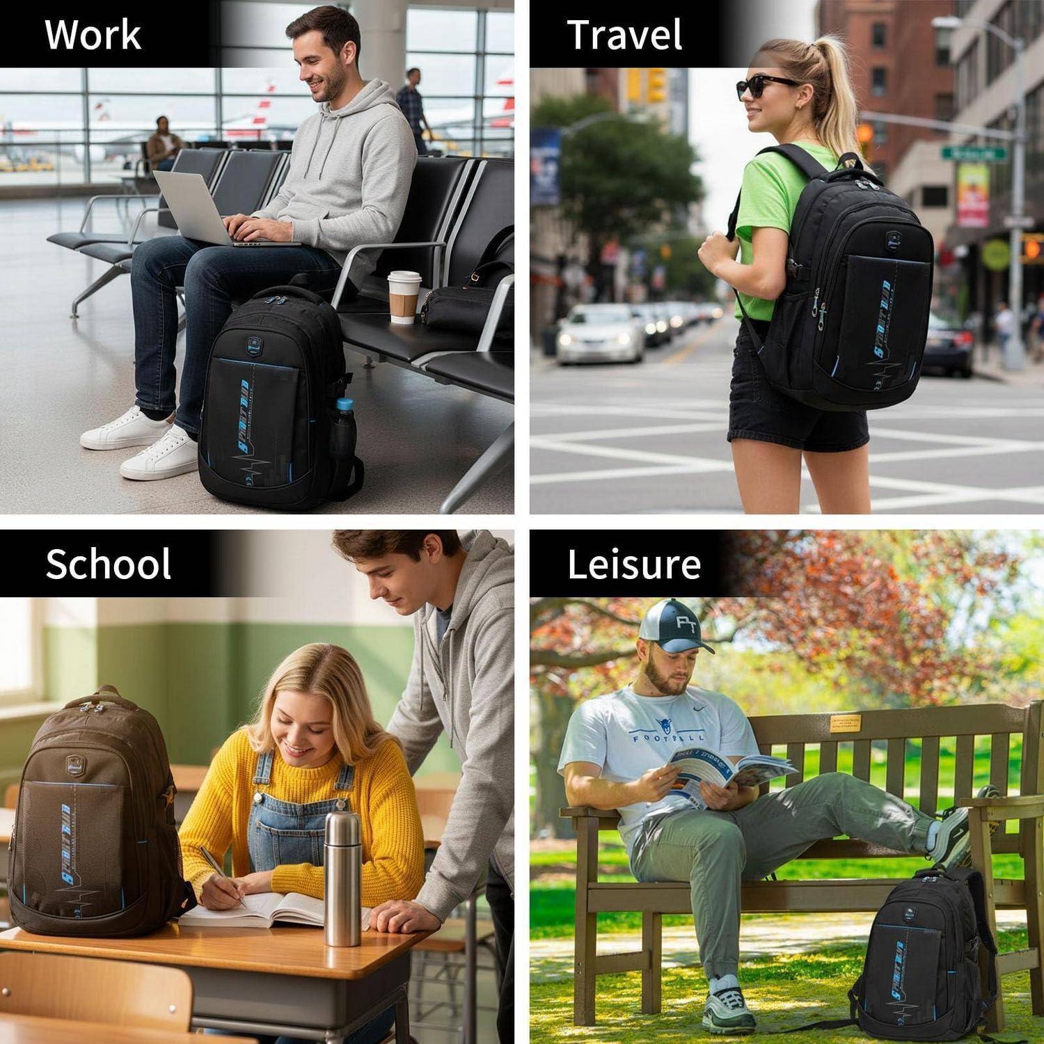 Vierteiliges Mosaik, das einen schwarzen Rucksack in verschiedenen Situationen zeigt - bei der Arbeit, auf Reisen, in der Schule und in der Freizeit.