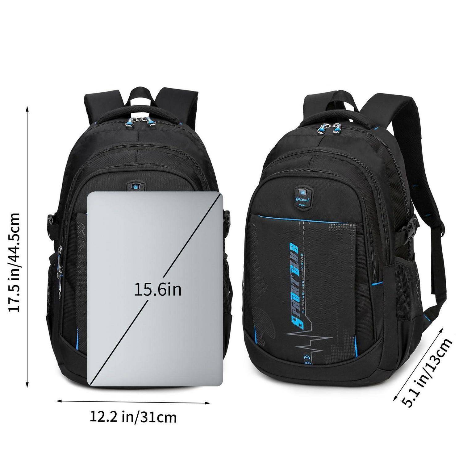 Schwarzer Rucksack von vorne und seitlich gezeigt mit Abmessungen: 17,5 Zoll Höhe, 12,2 Zoll Breite, 5,1 Zoll Tiefe, passt für einen 15,6-Zoll-Laptop.