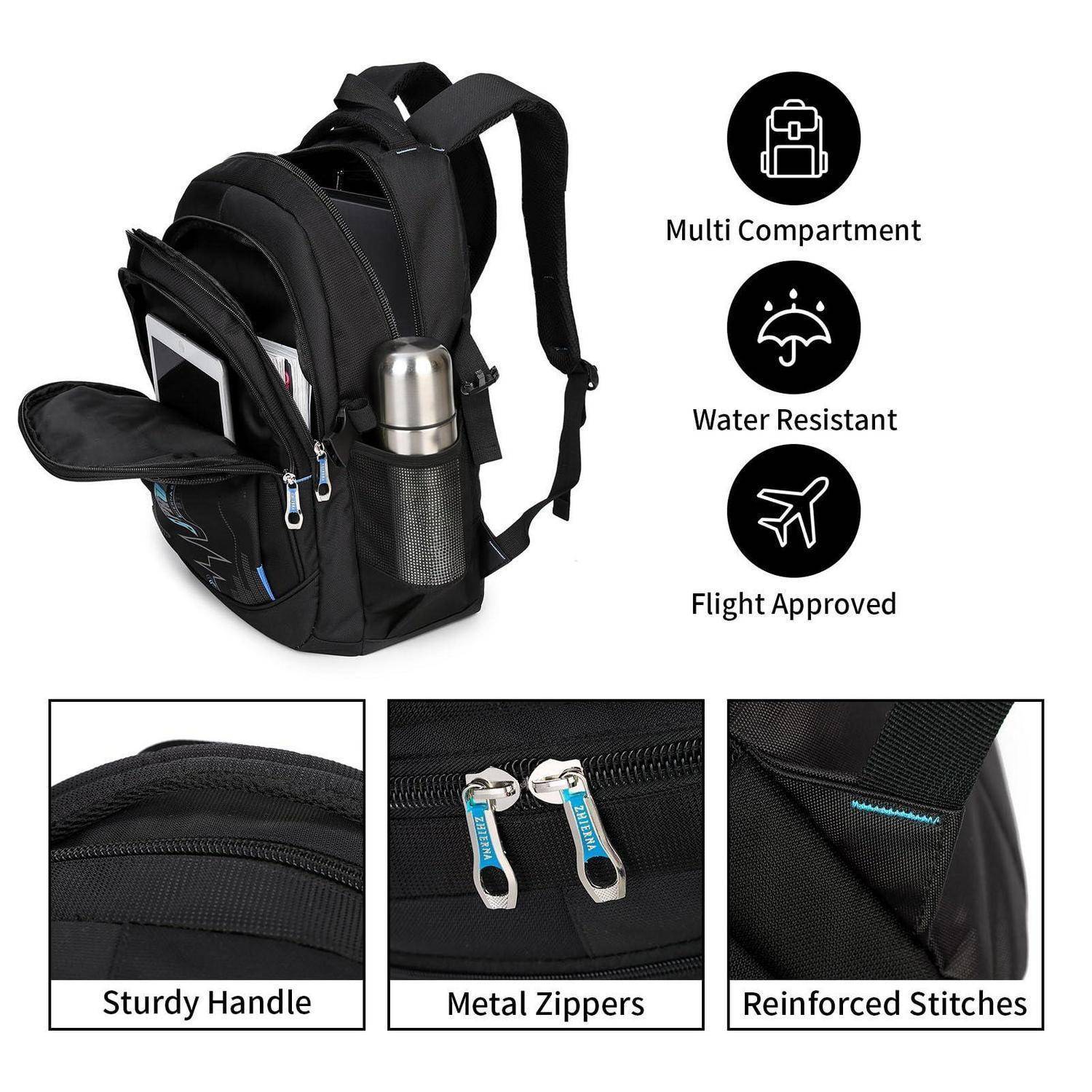 Schwarzer Mehrfach-Rucksack mit Laptop- und Flaschenentaschen, gekennzeichnet als wasserabweisend und flugtauglich, plus Nahaufnahmen von Griff, Metallreißverschlüssen und verstärkten Nähten.