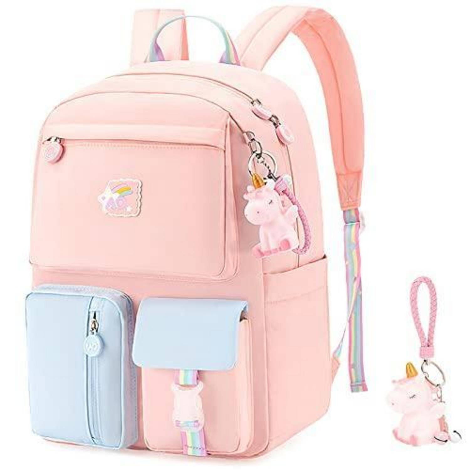 Pastellrosa und blauer Rucksack mit Einhornanhängern, vorderen Taschen und Regenbogenriemen, gezeigt mit einem passenden Einhorn-Schlüsselanhänger.