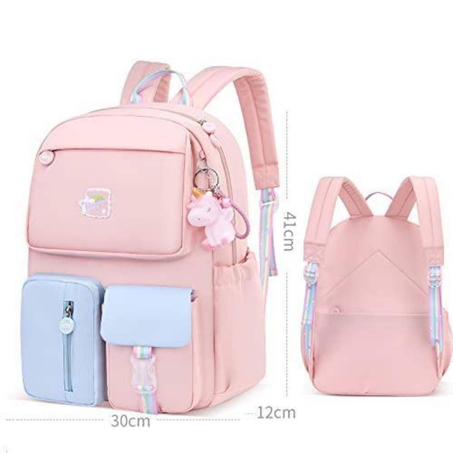 Rosa Rucksack mit Vordertaschen, von vorne und hinten abgebildet, mit den Maßen 30 cm breit, 41 cm hoch und 12 cm tief.