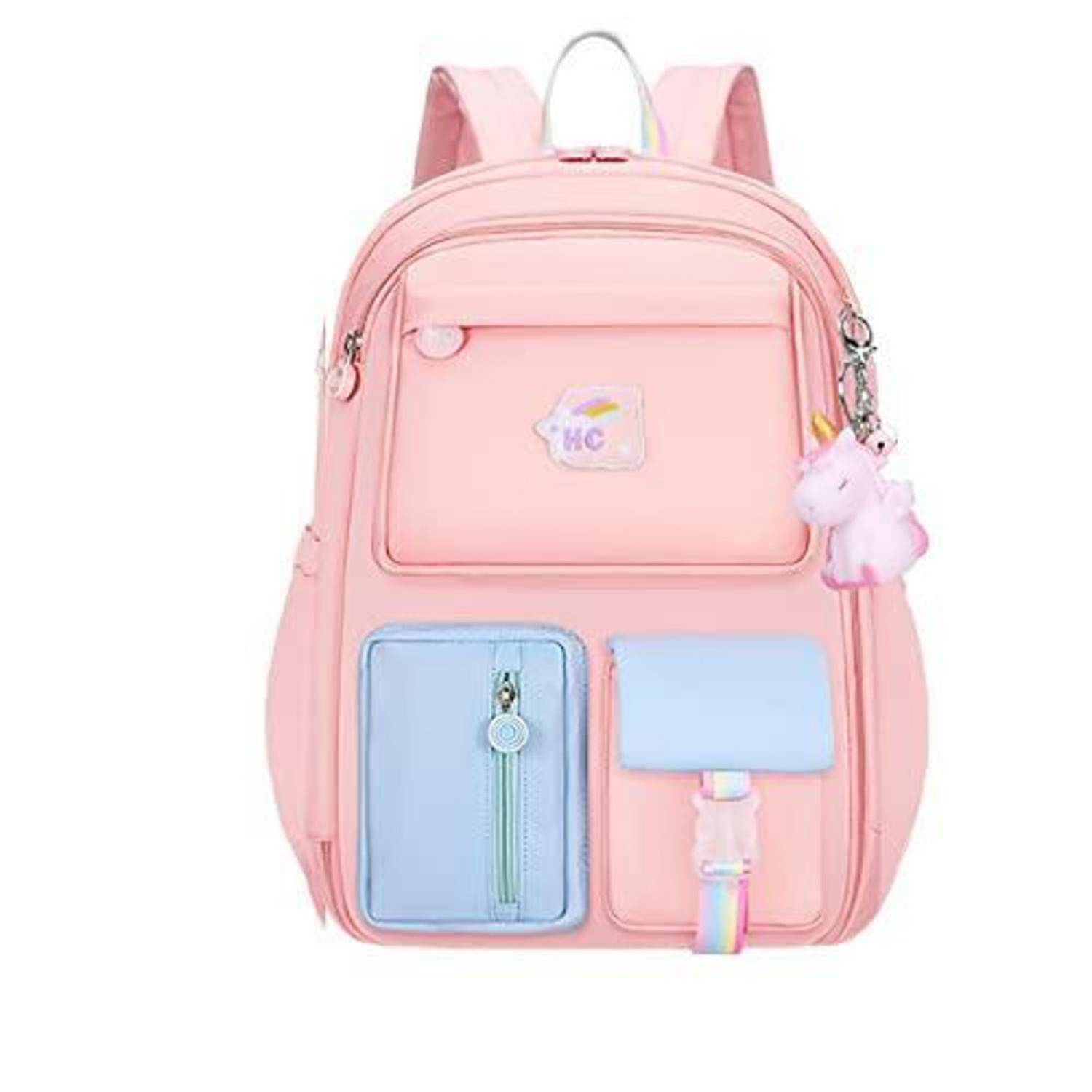 Rosa Rucksack mit pastellblauen vorderen Taschen und einem kleinen Einhorn-Schlüsselanhänger an der Seite.