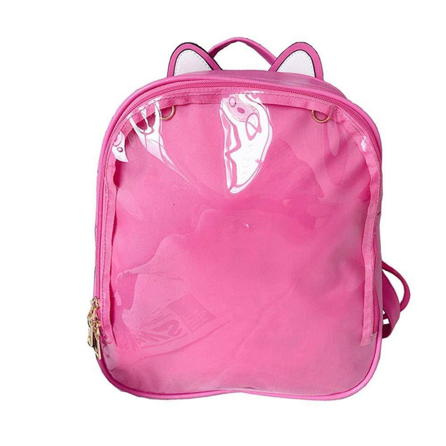 Rosa transparenter Rucksack mit einer vorderen Reißverschlusstasche und Tragegriff, dargestellt auf weißem Hintergrund.