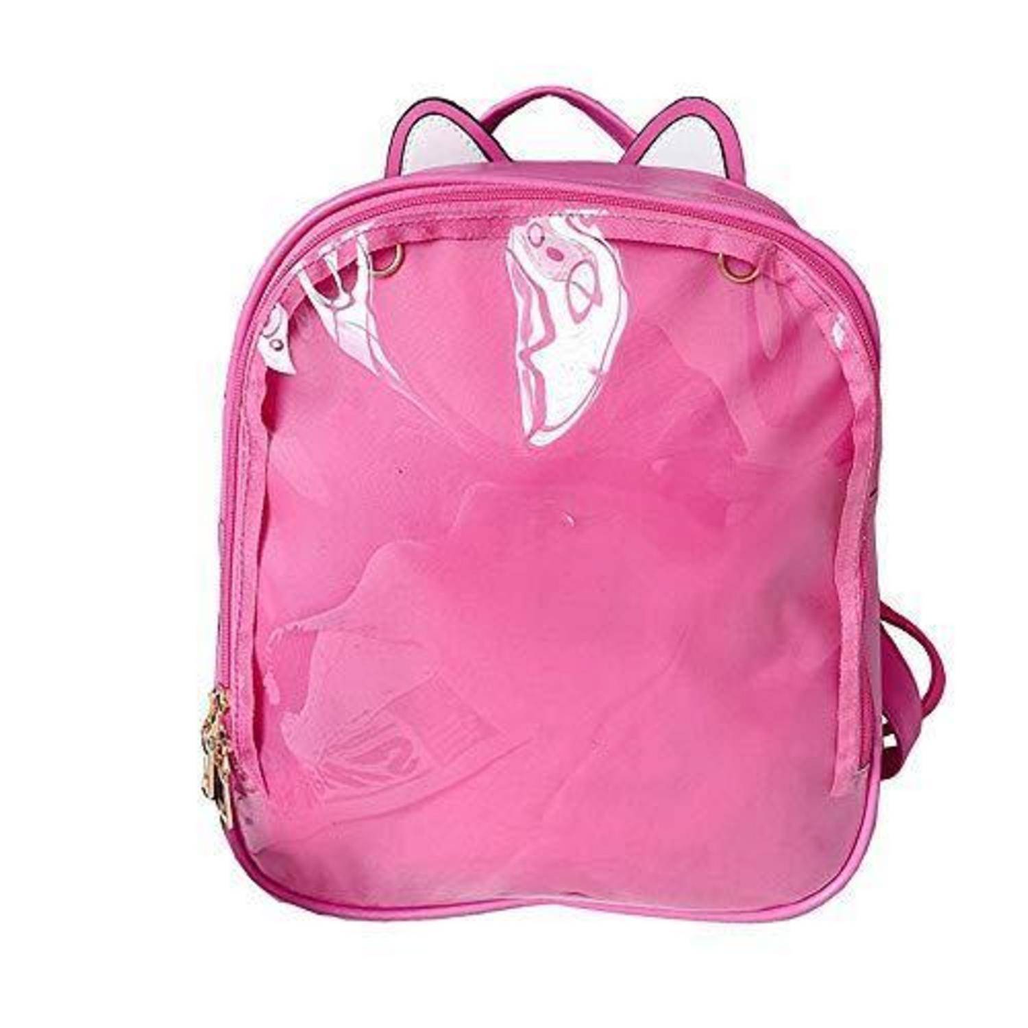 Rosa Kinderrucksack mit transparenter Vordertasche und Tragegriff oben, vor weißem Hintergrund gezeigt.