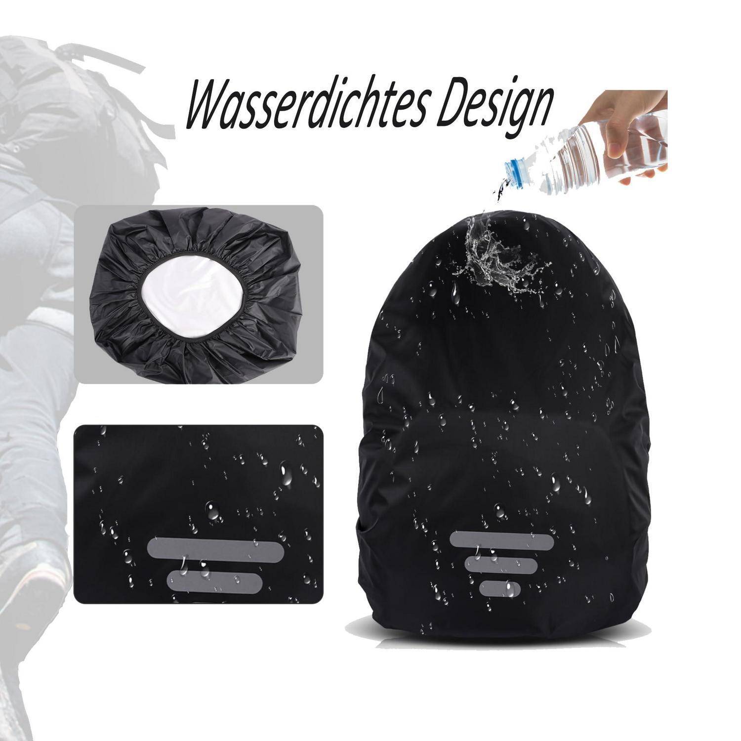 Produktanzeige mit einem schwarzen wasserdichten Rucksackschutz; der Text lautet „Wasserdichtes Design
