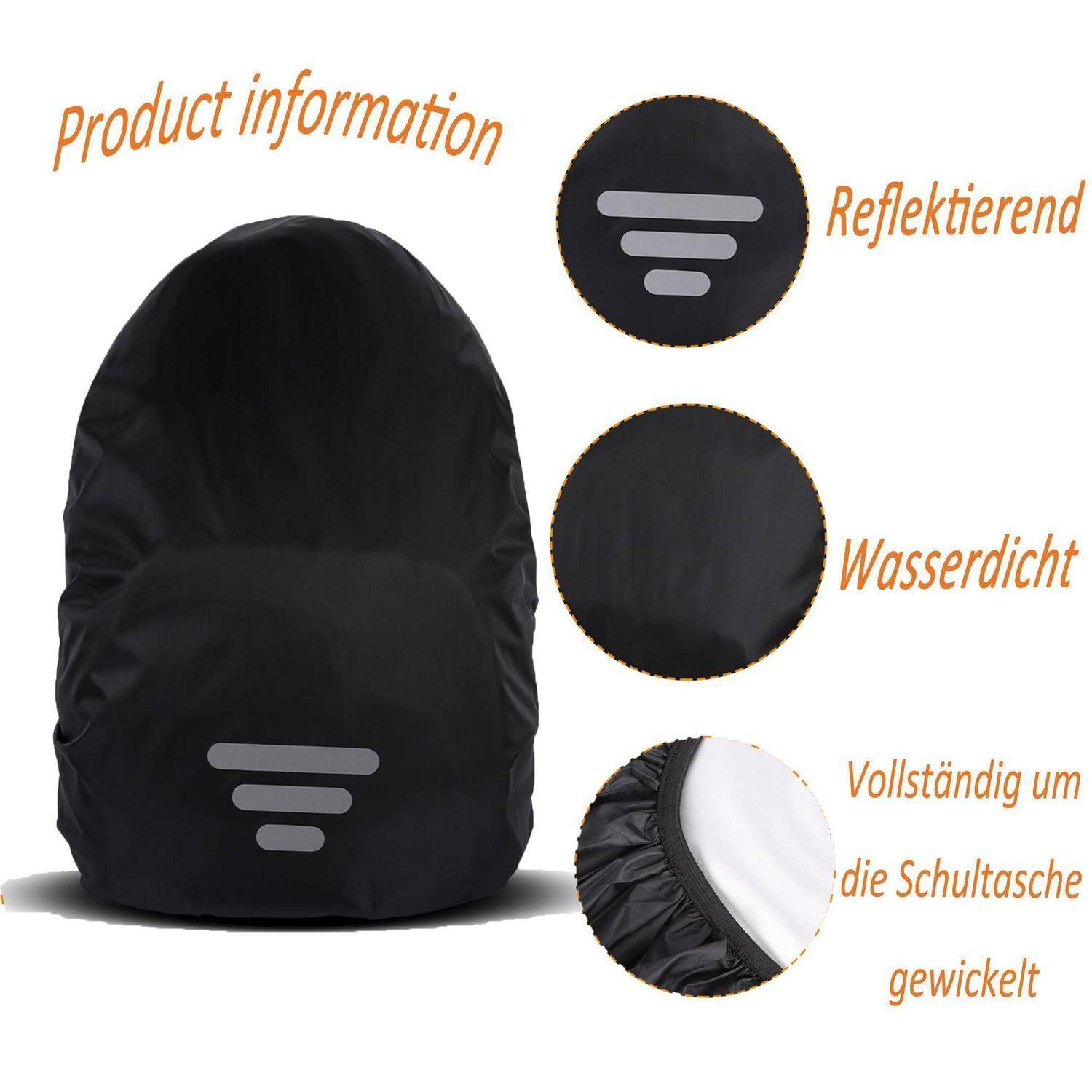 Schwarze Rucksackhülle mit reflektierenden Streifen, gezeigt als wasserdicht und den Rucksack vollständig umhüllend; Produktinformationsetiketten in deutscher Sprache.