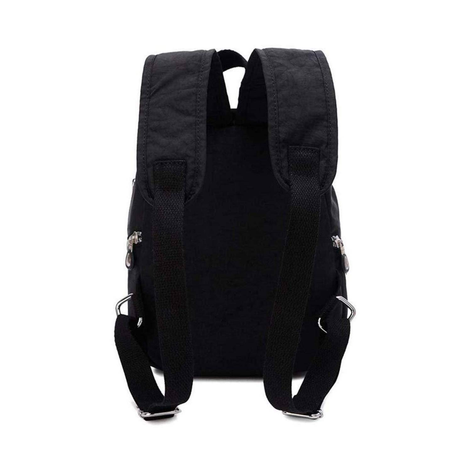 Schwarzer Rucksack von hinten dargestellt mit gepolsterten Schultergurten, oberer Griffschlaufe und Seiteneingriffen auf weißem Hintergrund.