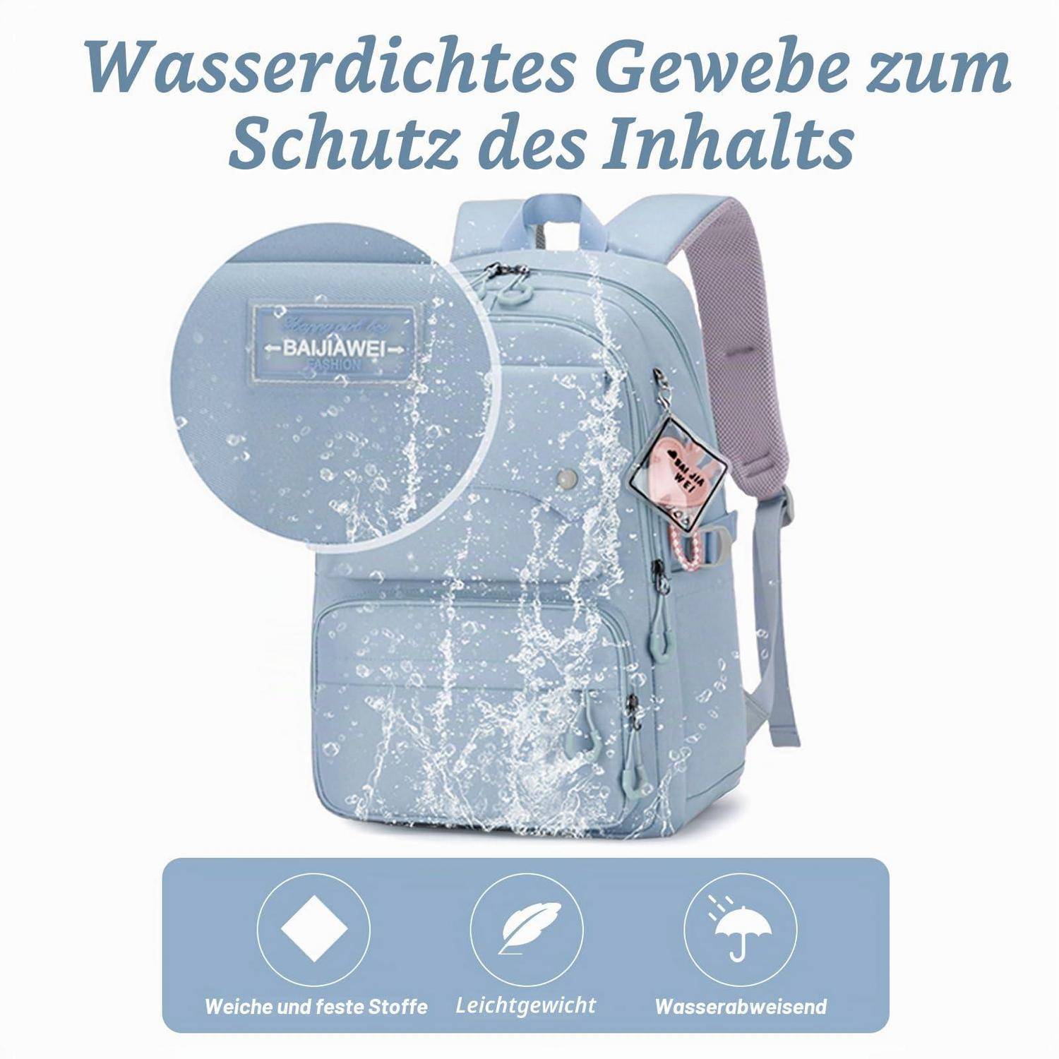 Hellblauer Rucksack mit Wasser-Spritzeffekt, der wasserdichtes Gewebe zur Schutzwirkung des Inhalts bewirbt; deutscher Text besagt „Wasserdichtes Gewebe zum Schutz des Inhalts