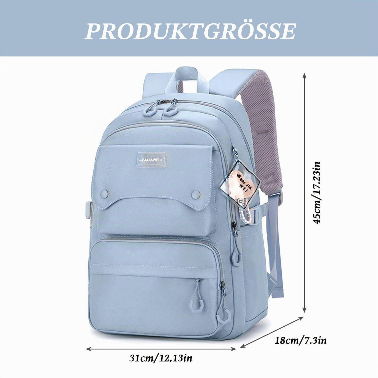 Größendiagramm eines hellblauen Rucksacks mit den Abmessungen: 45 cm Höhe, 31 cm Breite und 18 cm Tiefe.