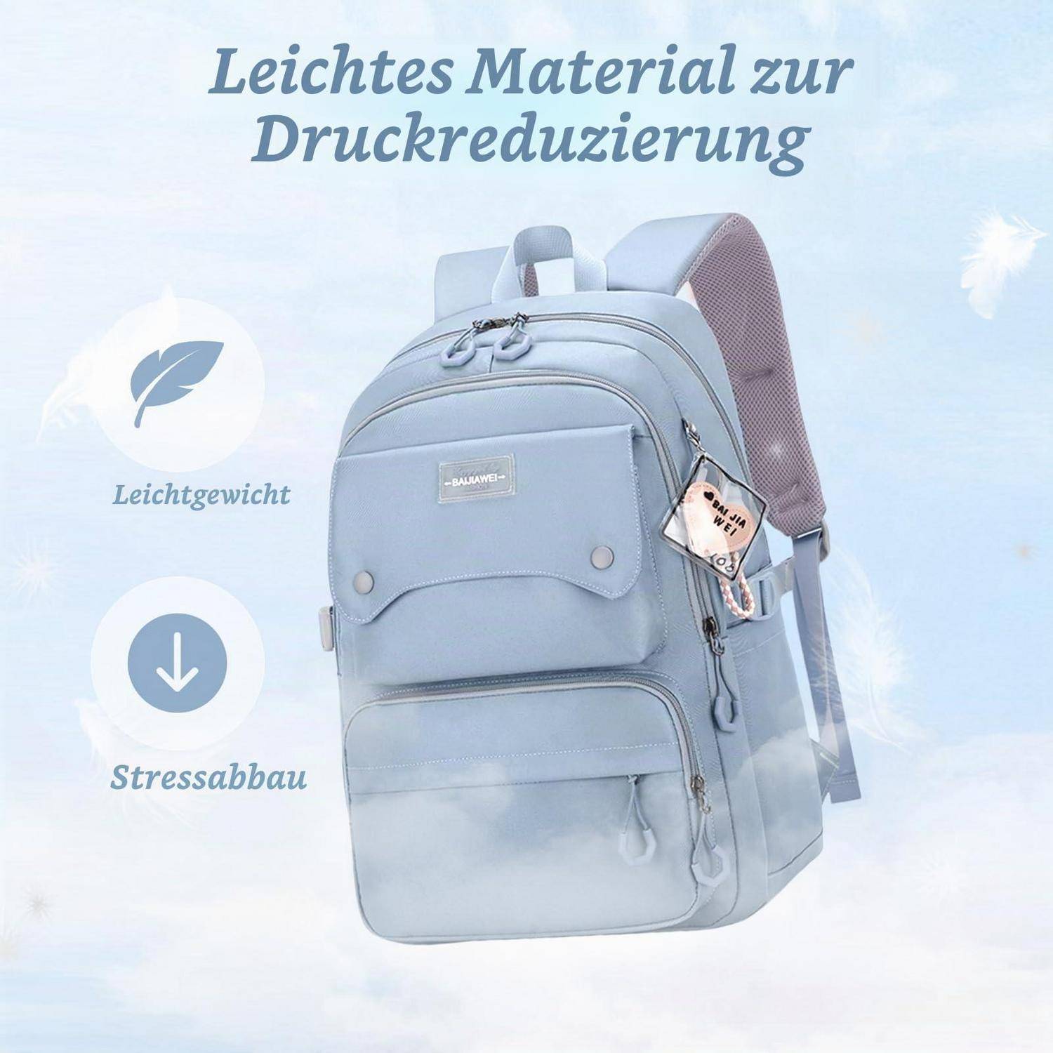 Hellblauer Rucksack mit der Werbung 
