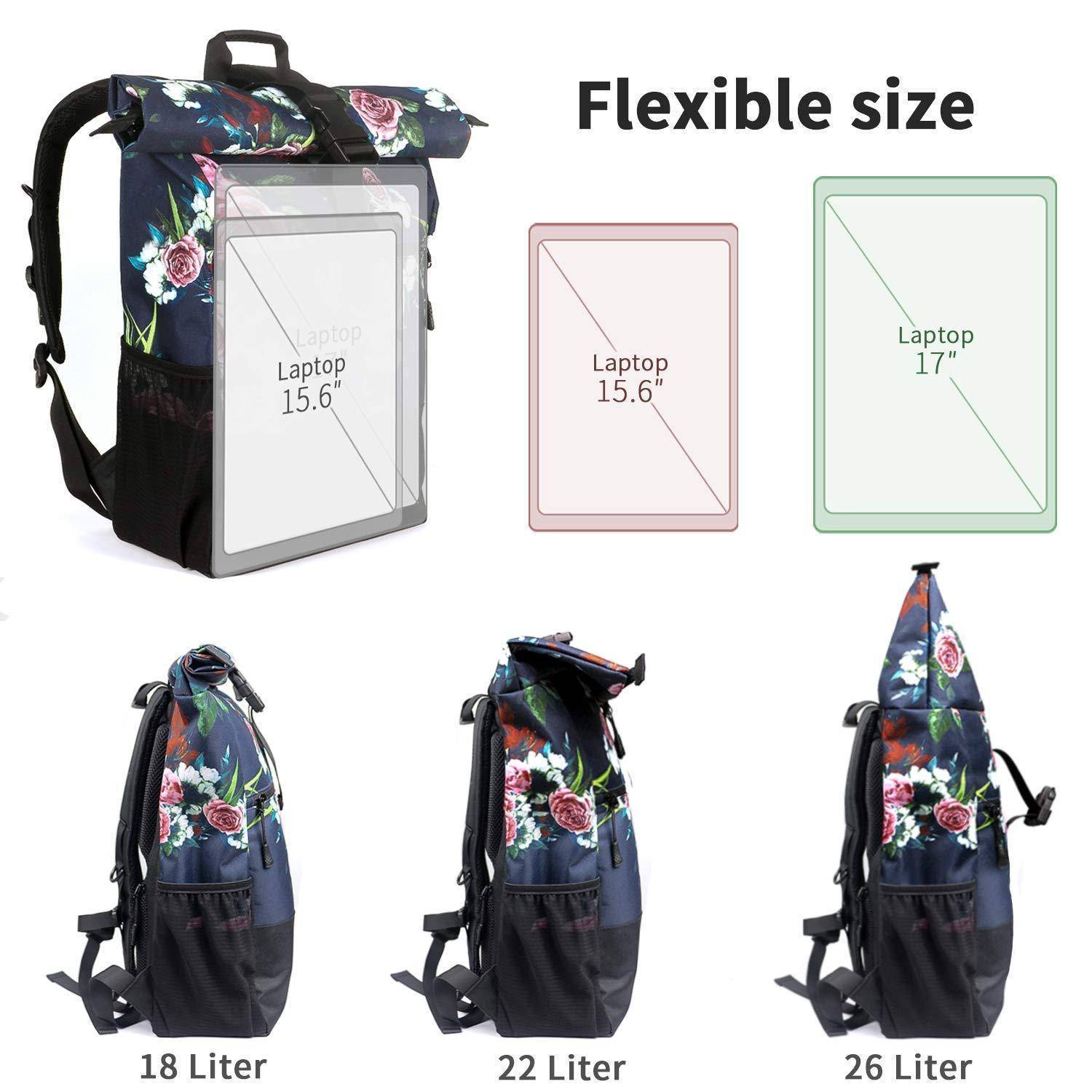 Floraler Rucksack mit flexibler Größe, der 15,6-Zoll- und 17-Zoll-Laptops passt und sich auf 18, 22 und 26 Liter Fassungsvermögen erweitert.