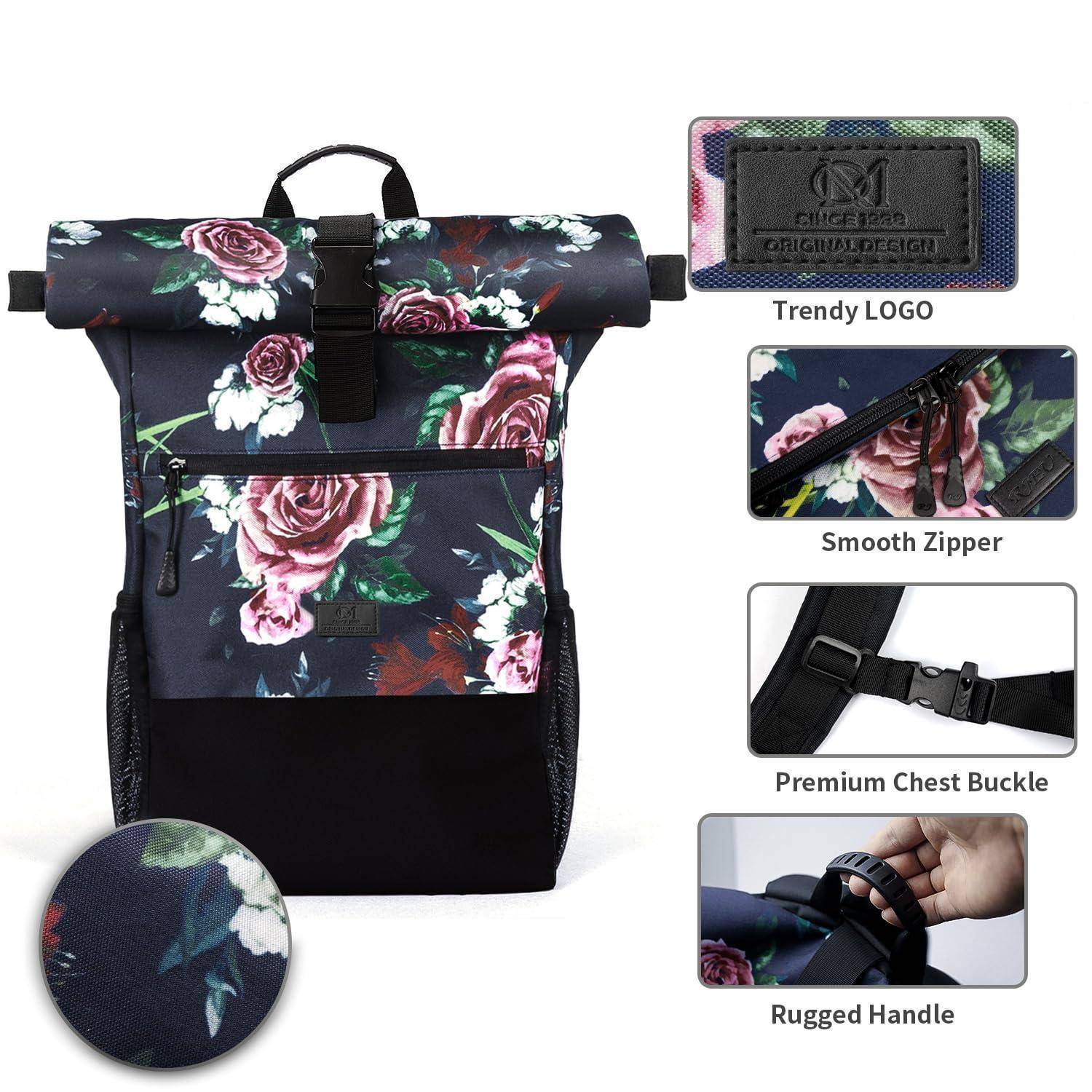 Rucksack mit Rolltop und Blumenmuster mit vorderer Reißverschlusstasche und schwarzem Boden, gezeigt mit Funktionsbeschriftungen für Logo, sanfter Reißverschluss, Brustschnalle und Griff.