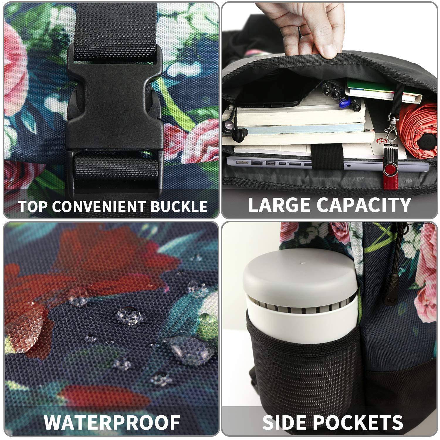 Vierpaneliges Produktbild eines Blumen-Rucksacks mit einer oberen Schnalle, großem Innenvolumen, wasserdichtem Stoff mit Wassertropfen und Seitentaschen.