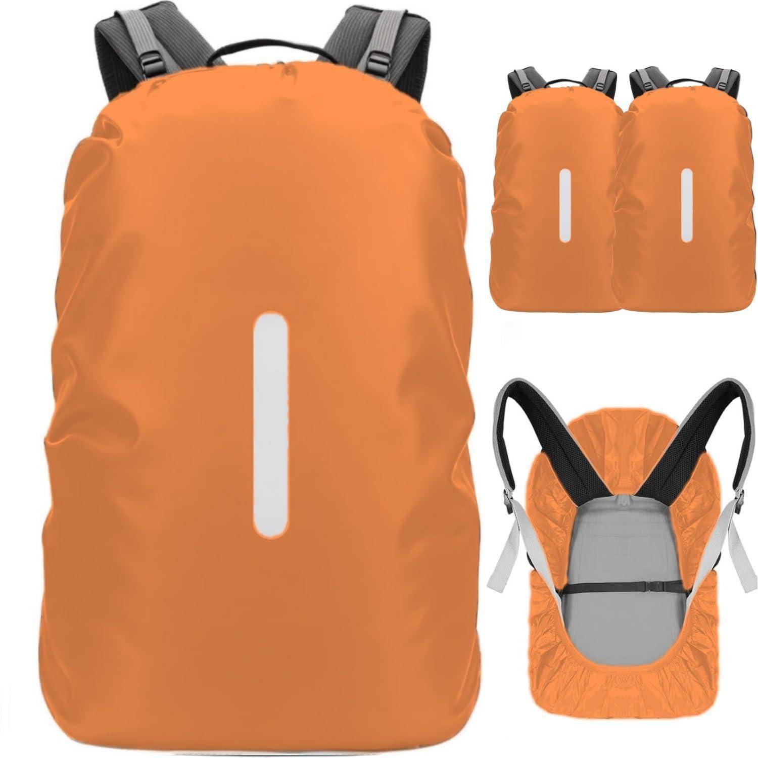 Orange Rucksackregenschutz von vorne, gefaltet und von hinten gezeigt mit reflektierendem Streifen und Schultergurt-Öffnungen.