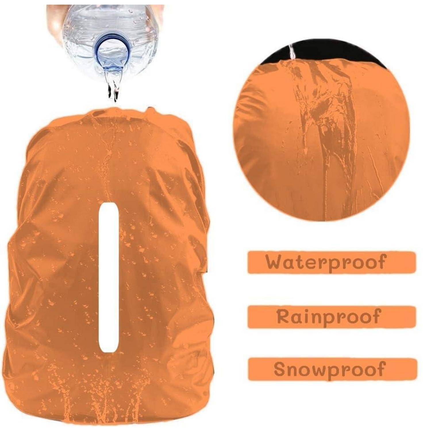 Orangene wasserdichte Rucksackhülle, die mit Wasser besprüht wird, mit Nahaufnahme, die Wassertropfen zeigt, sowie Beschriftungen mit „Wasserdicht", „Regendicht"" und „Schneefest"".