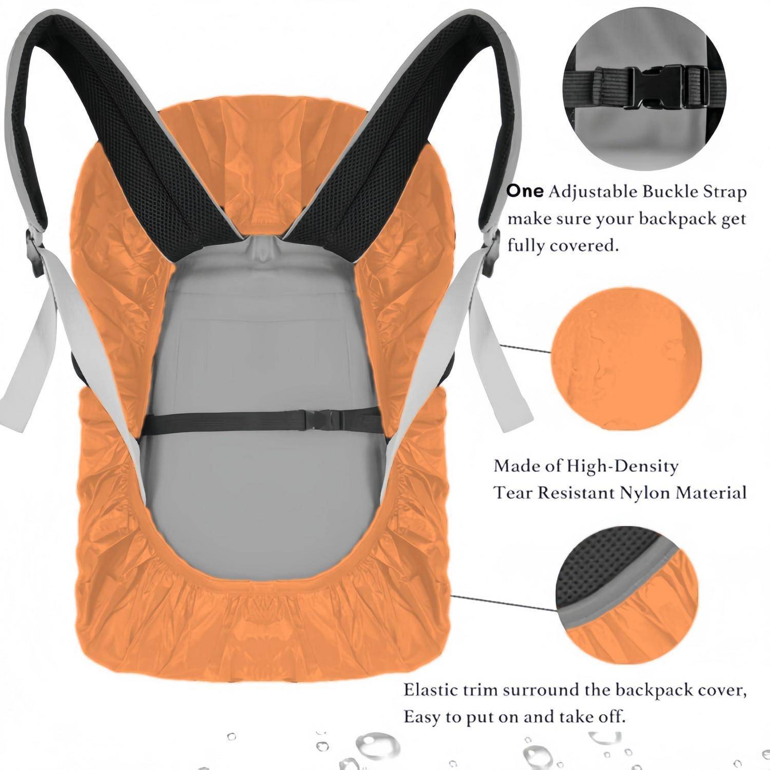 Orange Rucksack Regenschutz mit verstellbarem Schnallriemen und elastischem Saum, gekennzeichnet als hochdichtes reißfestes Nylon und leicht anzuziehen und abzunehmen.