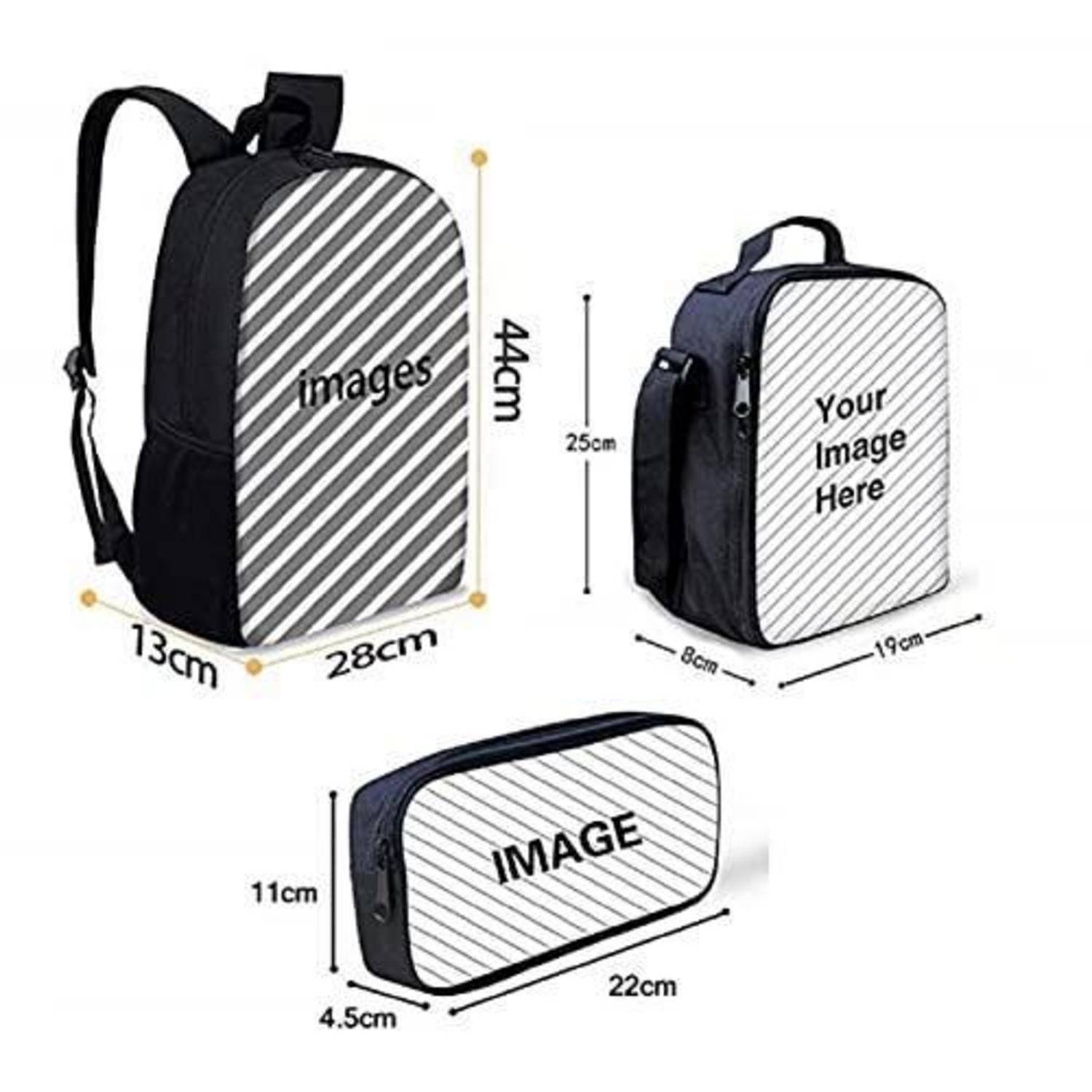 Drei anpassbare Rucksack- und Taschenschablonen mit bedruckbaren Bildbereichen und Abmessungen in cm: 44x28x13, 25x19x8 und 11x22x4,5.