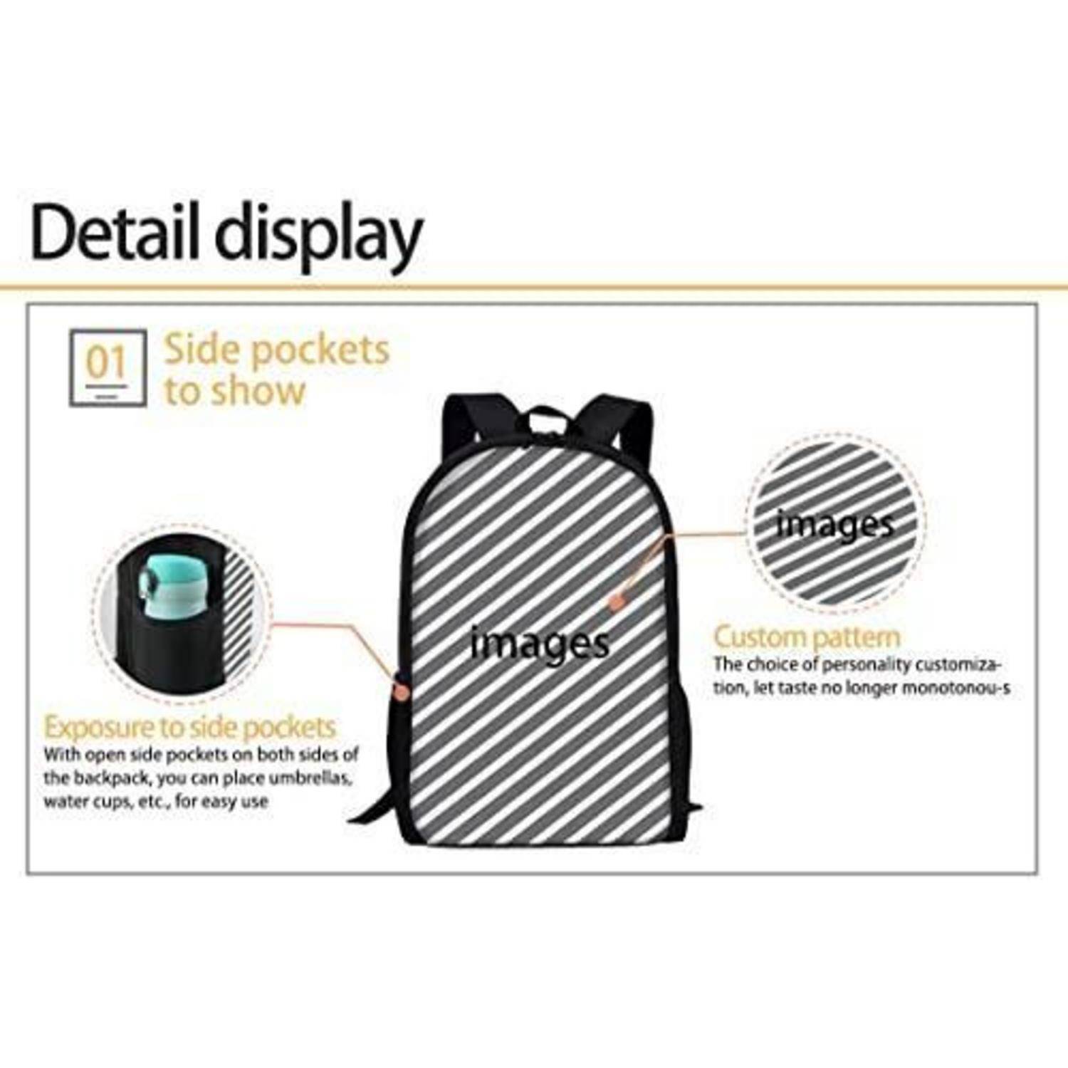Rucksack-Detailansicht mit Seitentaschen und maßgeschnei-dertem Streifenmuster, mit Beschriftungen, die den leichten Zugriff auf die Seitenlagerung und Personalisierungsmöglichkeiten hervorheben.