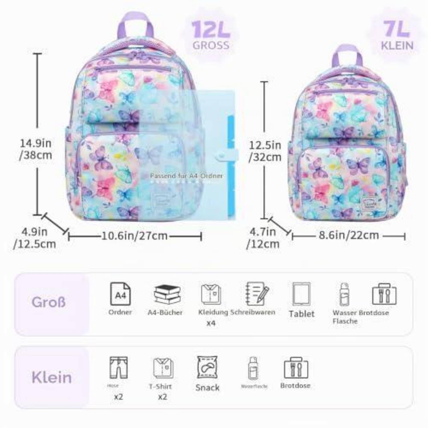 Vergleichstabelle zweier Blumenkristalle: 12-L-Rucksack mit den Maßen 14,9 x 10,6 x 4,9 Zoll und 7-L-kleinerer Rucksack mit den Maßen 12,5 x 8,6 x 4,7 Zoll, mit Symbolen zur Darstellung der Artikelkapazität.