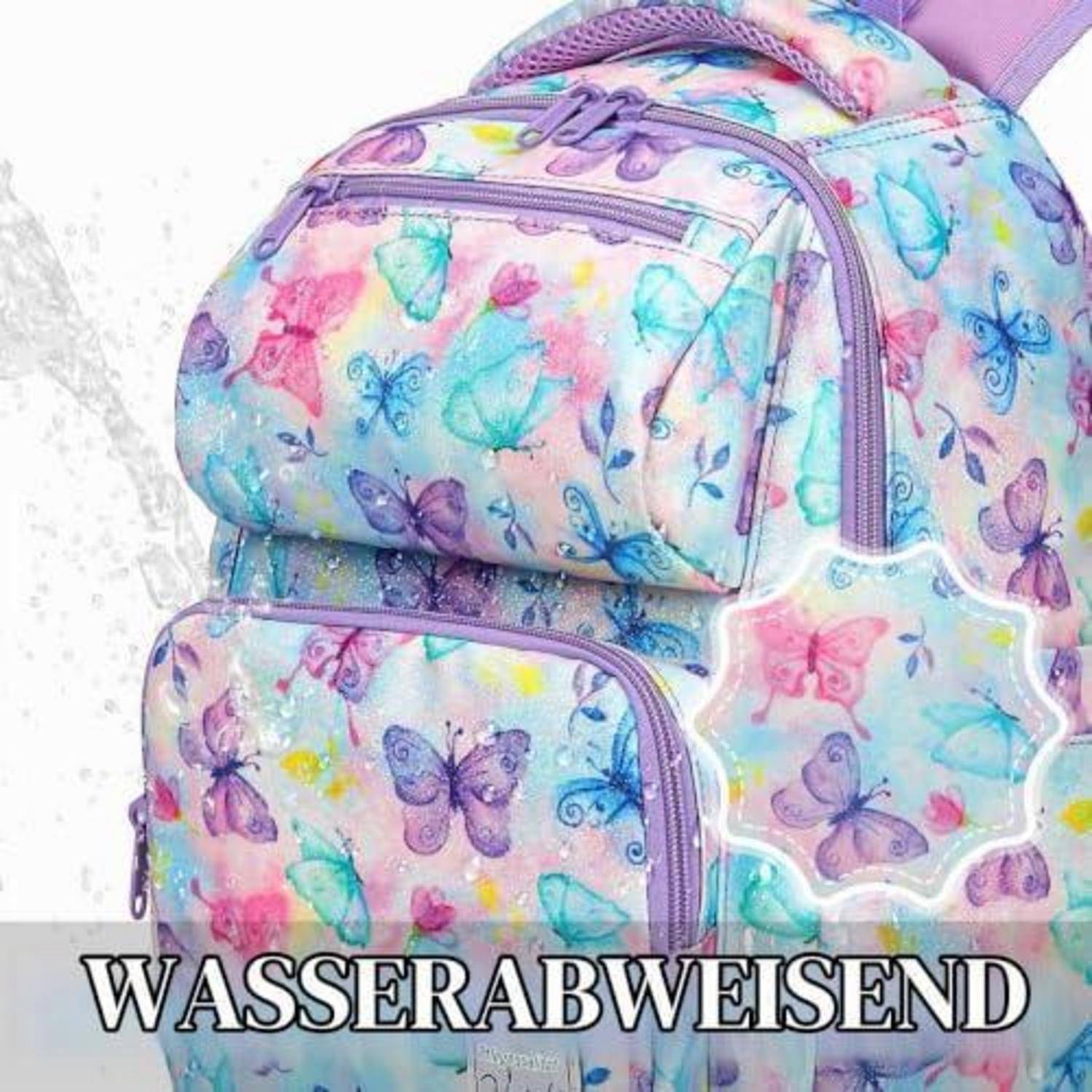 Bunter Rucksack mit Schmetterlingsmuster und violettem Besatz, gezeigt mit dem deutschen Wort „WASSERABWEISEND