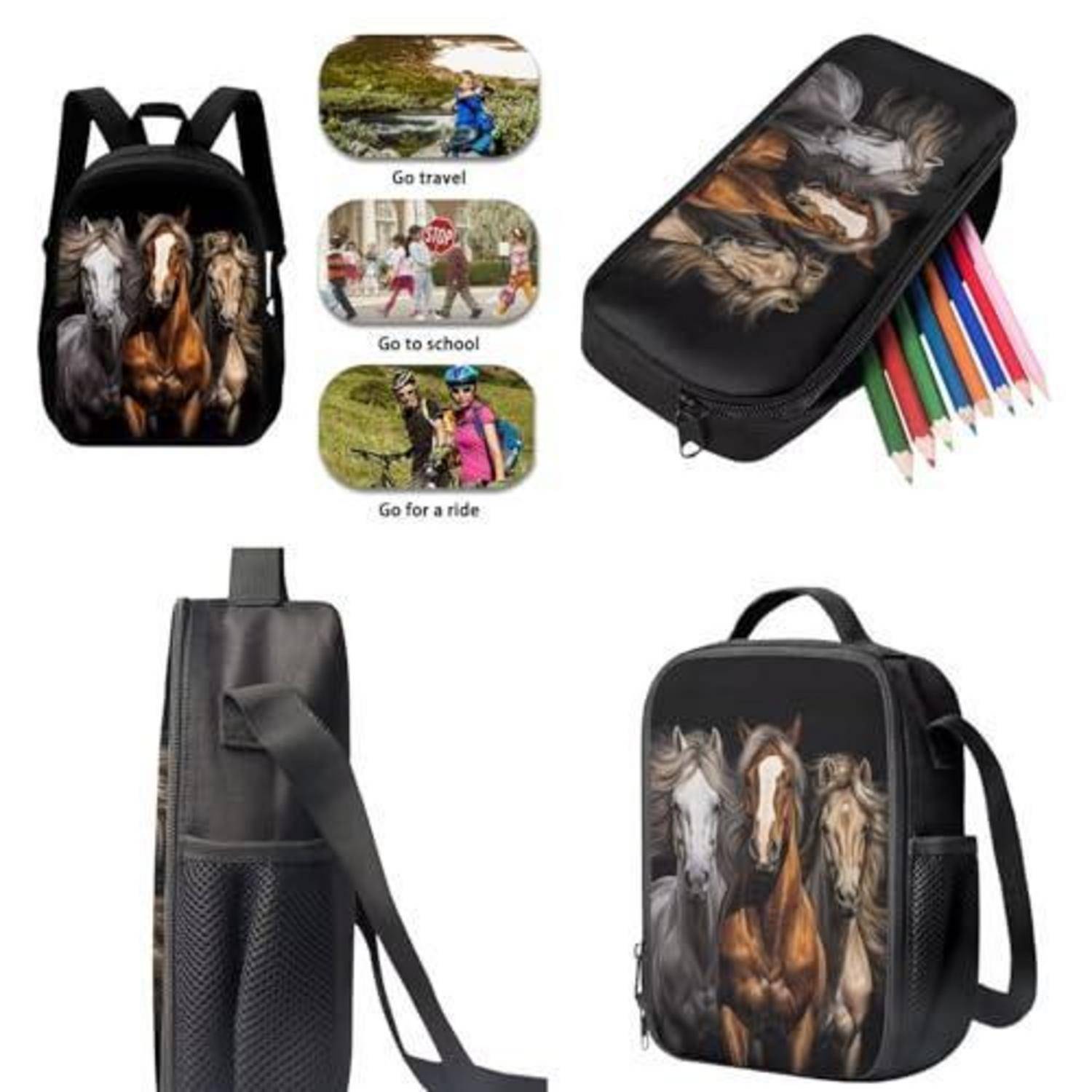 Collage aus einem schwarzen pferdedesign Rucksack und Federmäppchen, die aus mehreren Blickwinkeln gezeigt werden, mit dem Text „Go travel