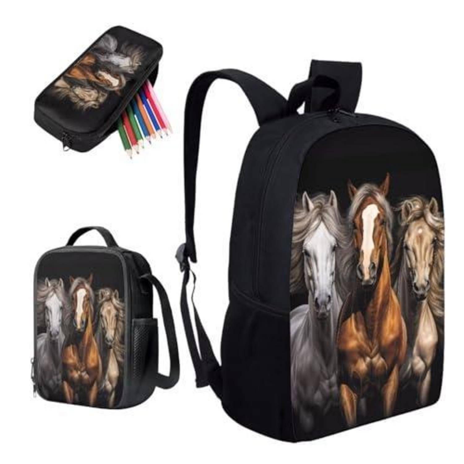 Schwarzer Rucksack, Lunchbox und Federmäppchen-Set mit Pferdekunstwerk auf der Vorderseite.