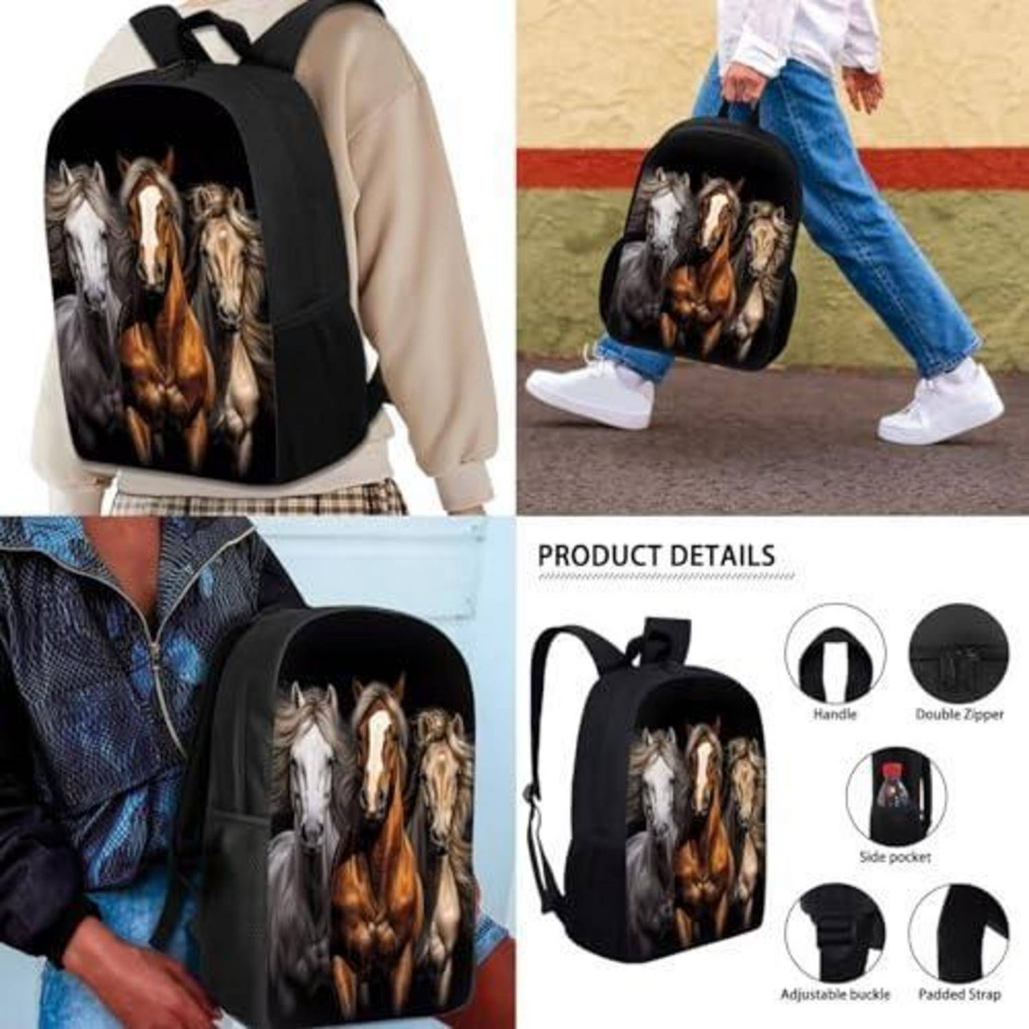 Collage zeigt einen schwarzen Rucksack mit Pferdemotiv, der von Personen getragen wird, und ein Produktdetails-Panel, das Griff, Doppelreißverschluss, Seitentasche, verstellbare Schnalle und gepolsterte Riemen hervorhebt.