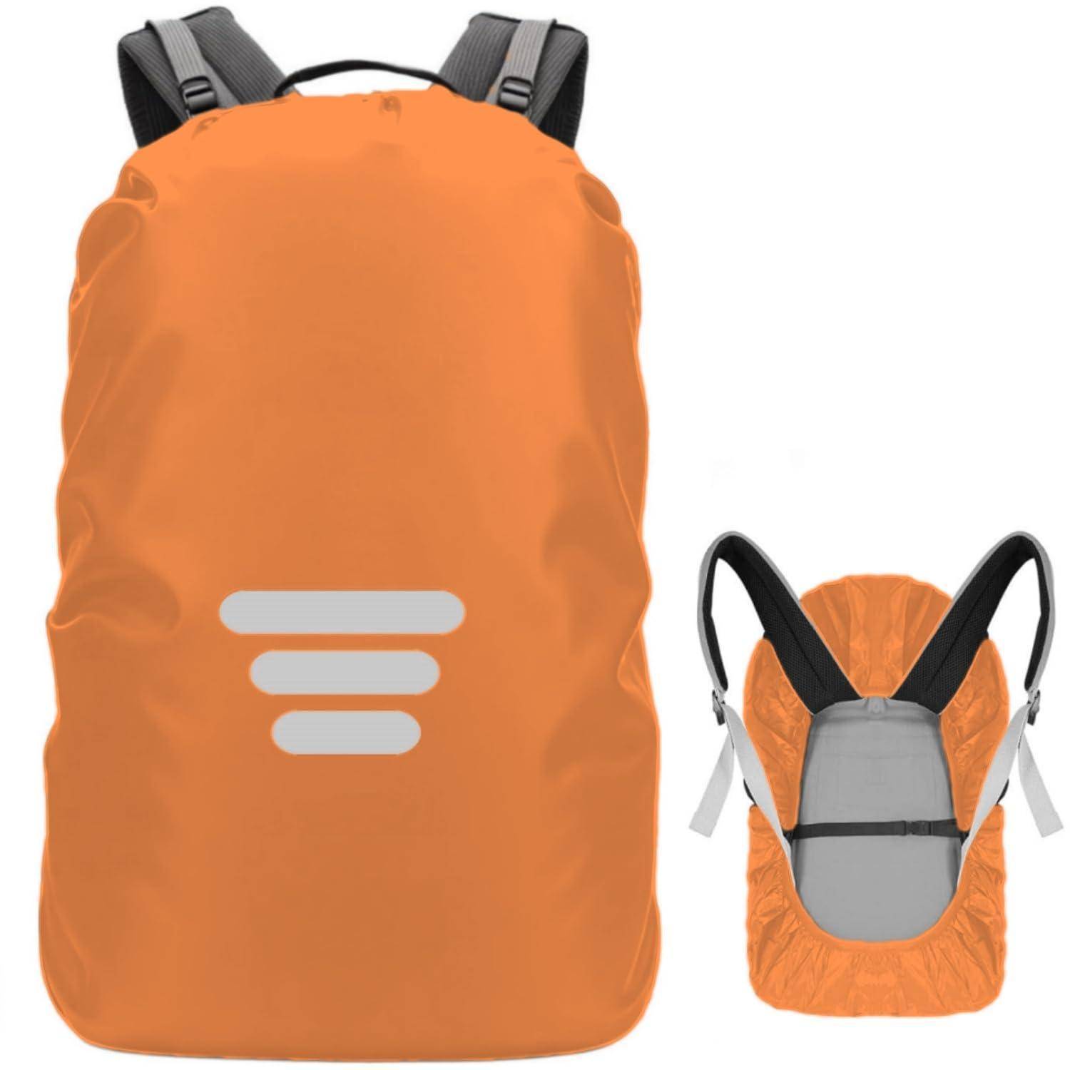 Orange Rucksackregenschutz von vorne und hinten gezeigt, mit reflektierenden Streifen und schwarzen Riemen.